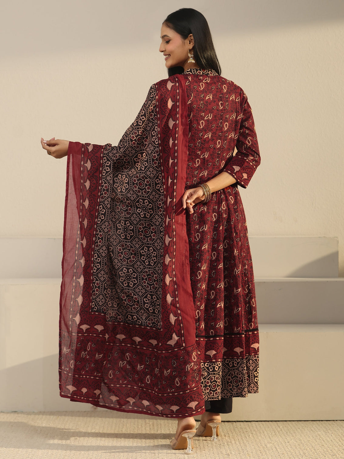 Mameraa Rust Brown Ajrakh Printed Cotton Anarkali Suit Set