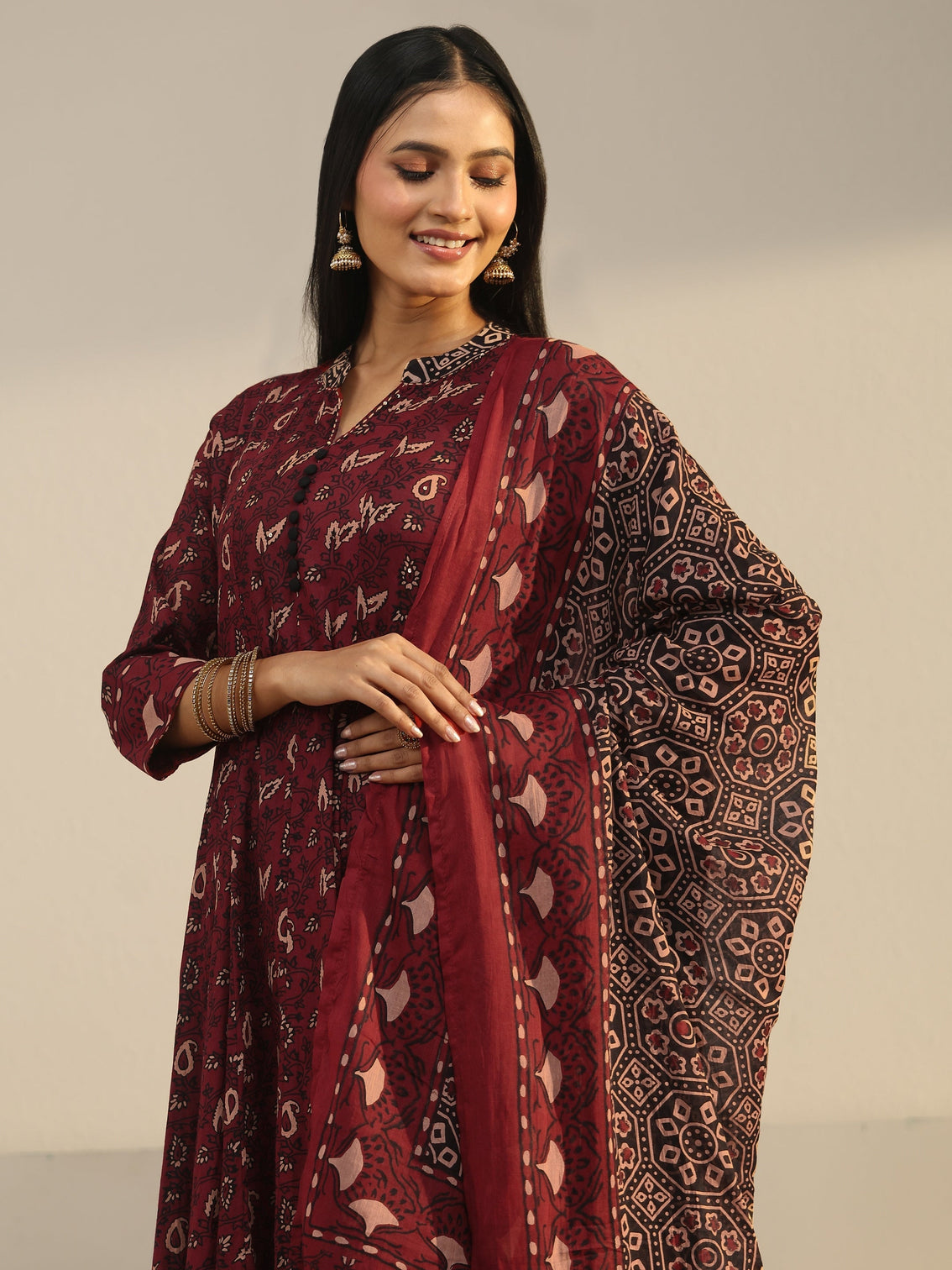 Mameraa Rust Brown Ajrakh Printed Cotton Anarkali Suit Set