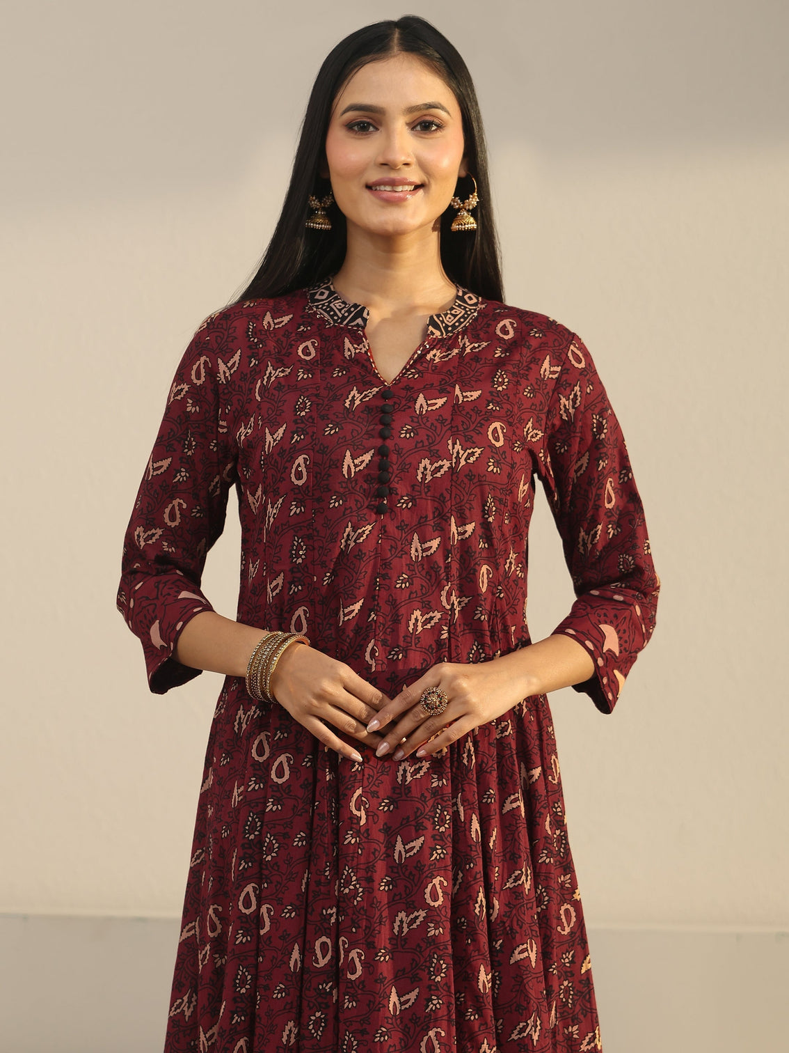 Mameraa Rust Brown Ajrakh Printed Cotton Anarkali Suit Set