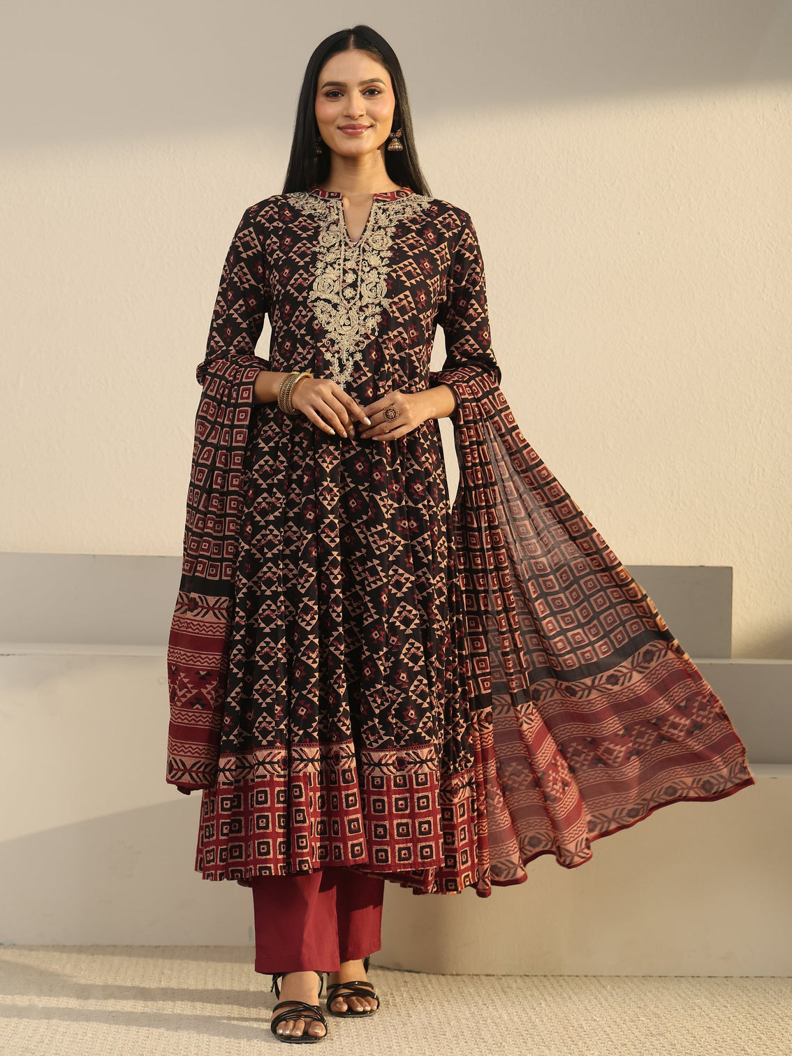 Mameraa Black Ajrakh Yoke Embroidered Cotton Anarkali Suit Set