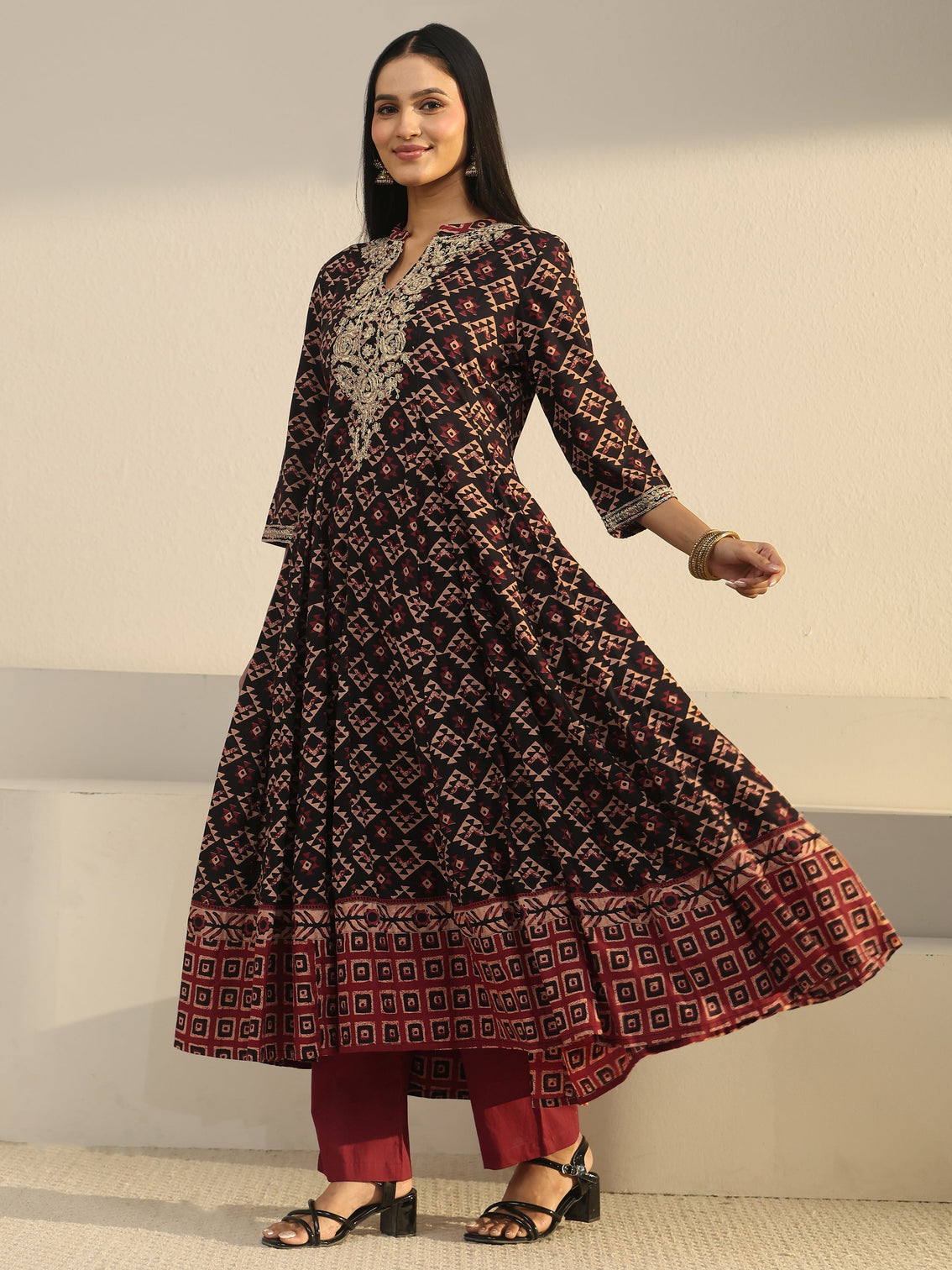 Mameraa Black Ajrakh Yoke Embroidered Cotton Anarkali Suit Set