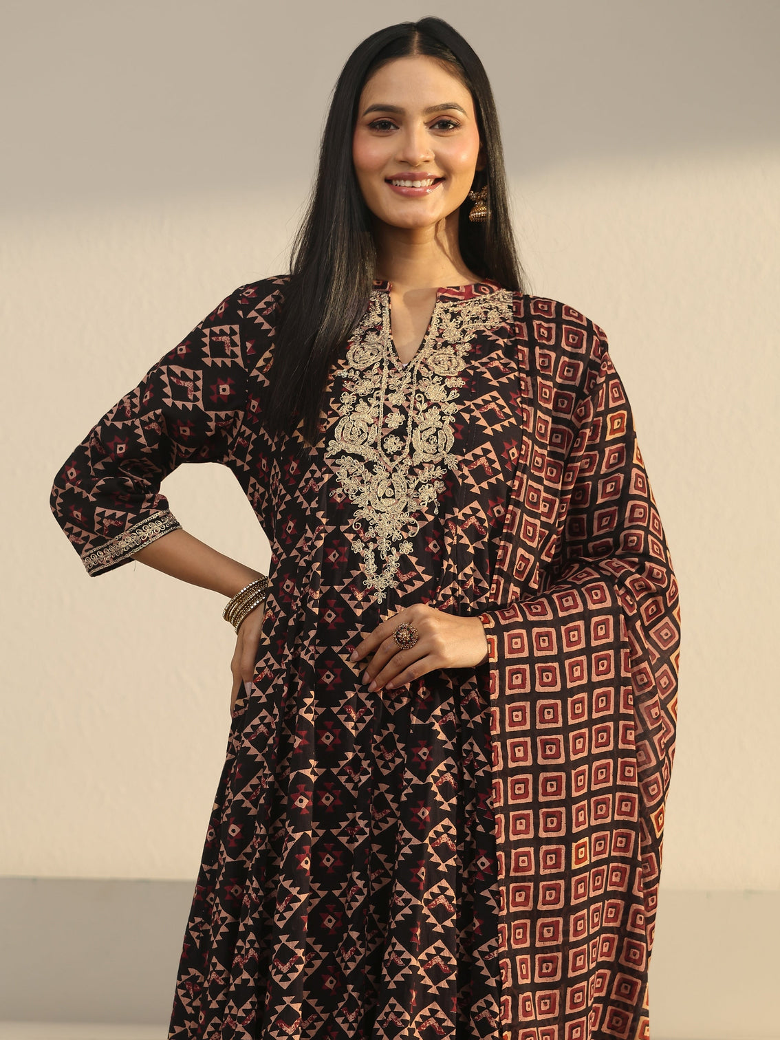 Mameraa Black Ajrakh Yoke Embroidered Cotton Anarkali Suit Set