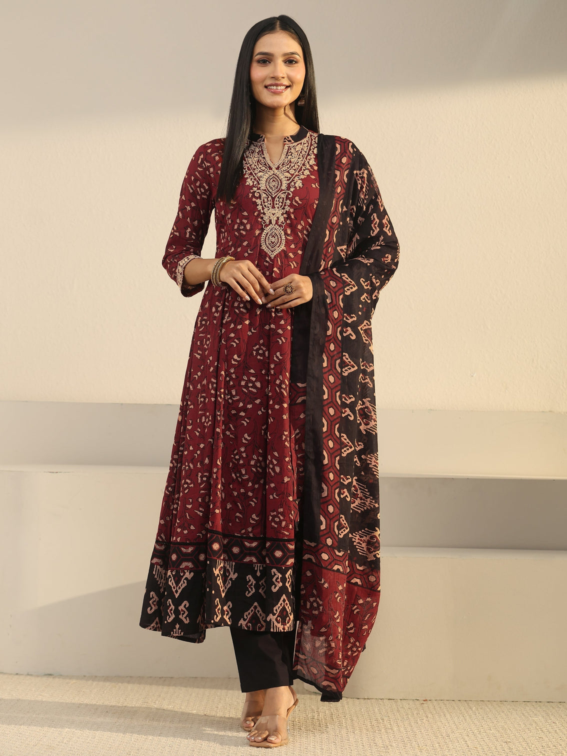 Mameraa Rust Brown Ajrakh Yoke Embroidered Cotton Anarkali Suit Set