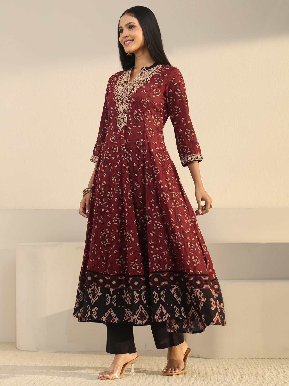 Mameraa Rust Brown Ajrakh Yoke Embroidered Cotton Anarkali Suit Set