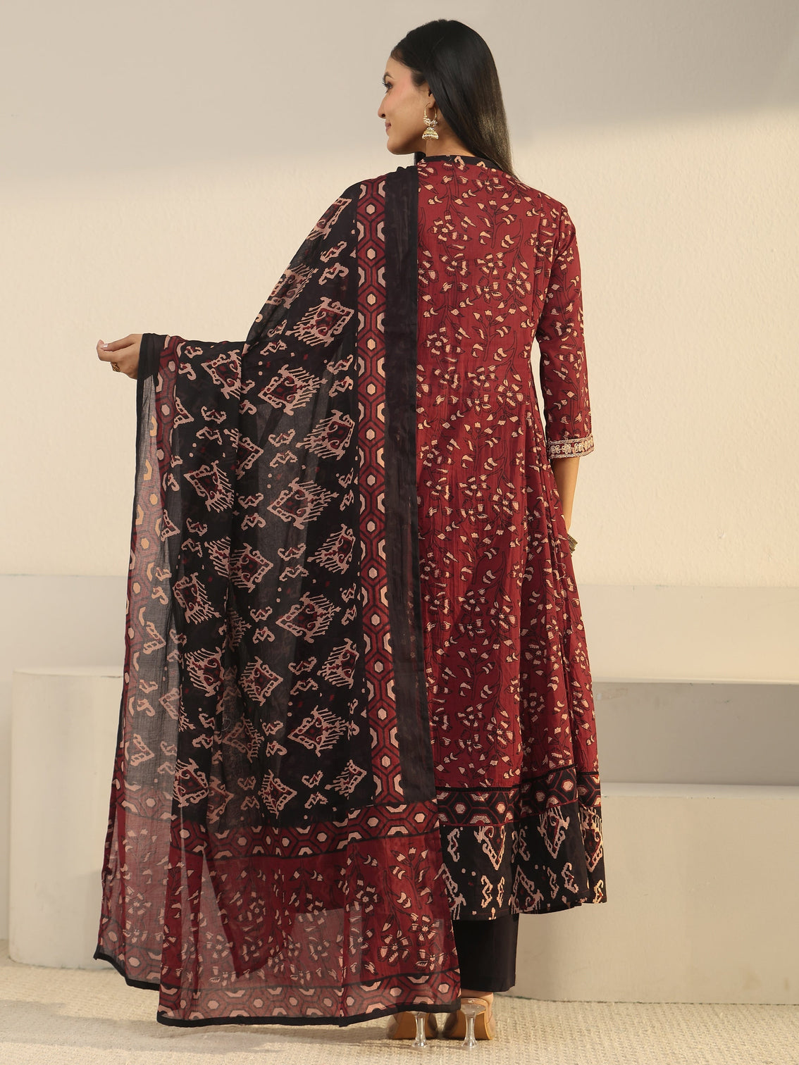 Mameraa Rust Brown Ajrakh Yoke Embroidered Cotton Anarkali Suit Set