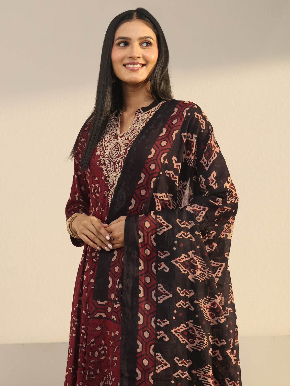 Mameraa Rust Brown Ajrakh Yoke Embroidered Cotton Anarkali Suit Set