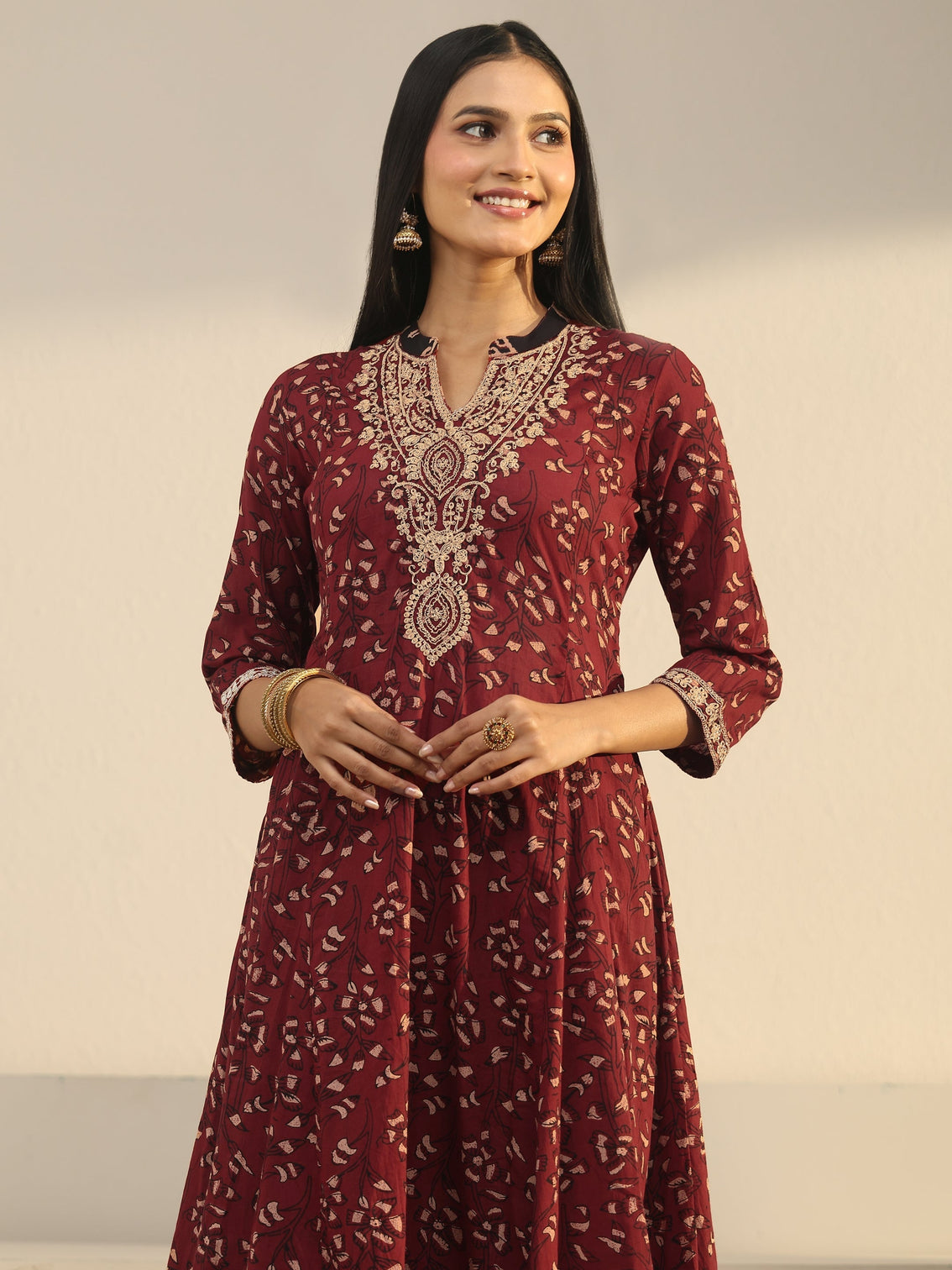 Mameraa Rust Brown Ajrakh Yoke Embroidered Cotton Anarkali Suit Set