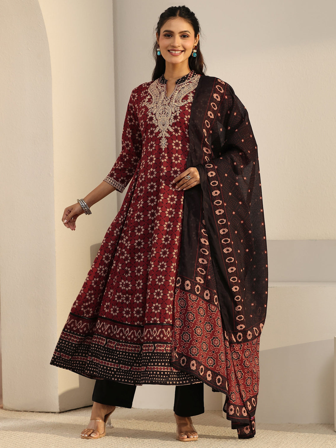 Mameraa Rust Brown Ajrakh Yoke Embroidered Cotton Anarkali Suit Set