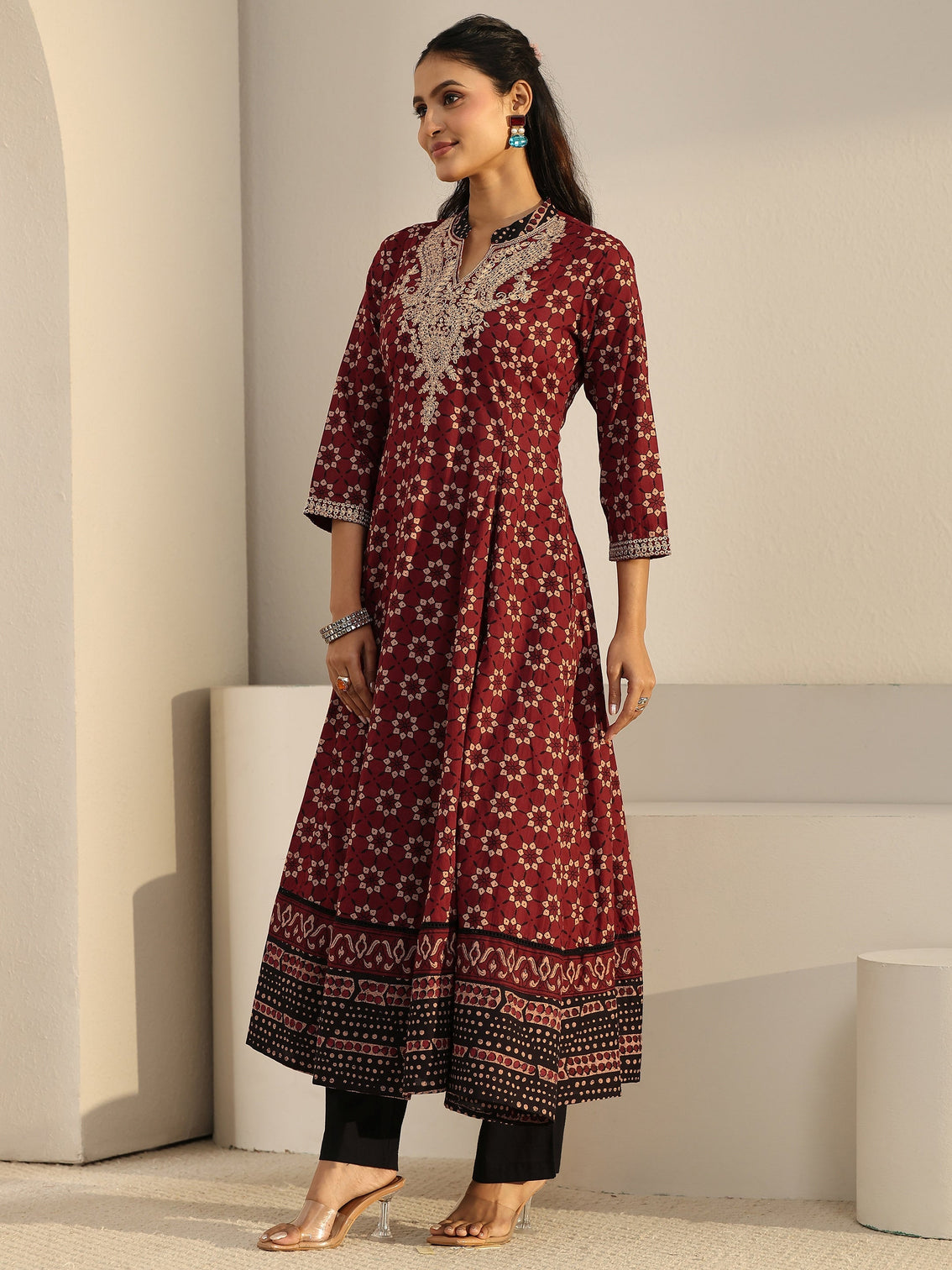 Mameraa Rust Brown Ajrakh Yoke Embroidered Cotton Anarkali Suit Set