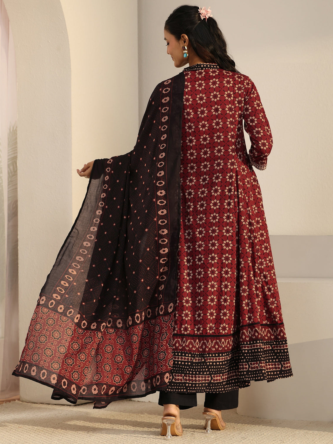 Mameraa Rust Brown Ajrakh Yoke Embroidered Cotton Anarkali Suit Set