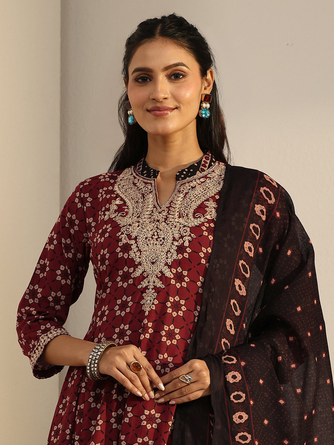 Mameraa Rust Brown Ajrakh Yoke Embroidered Cotton Anarkali Suit Set