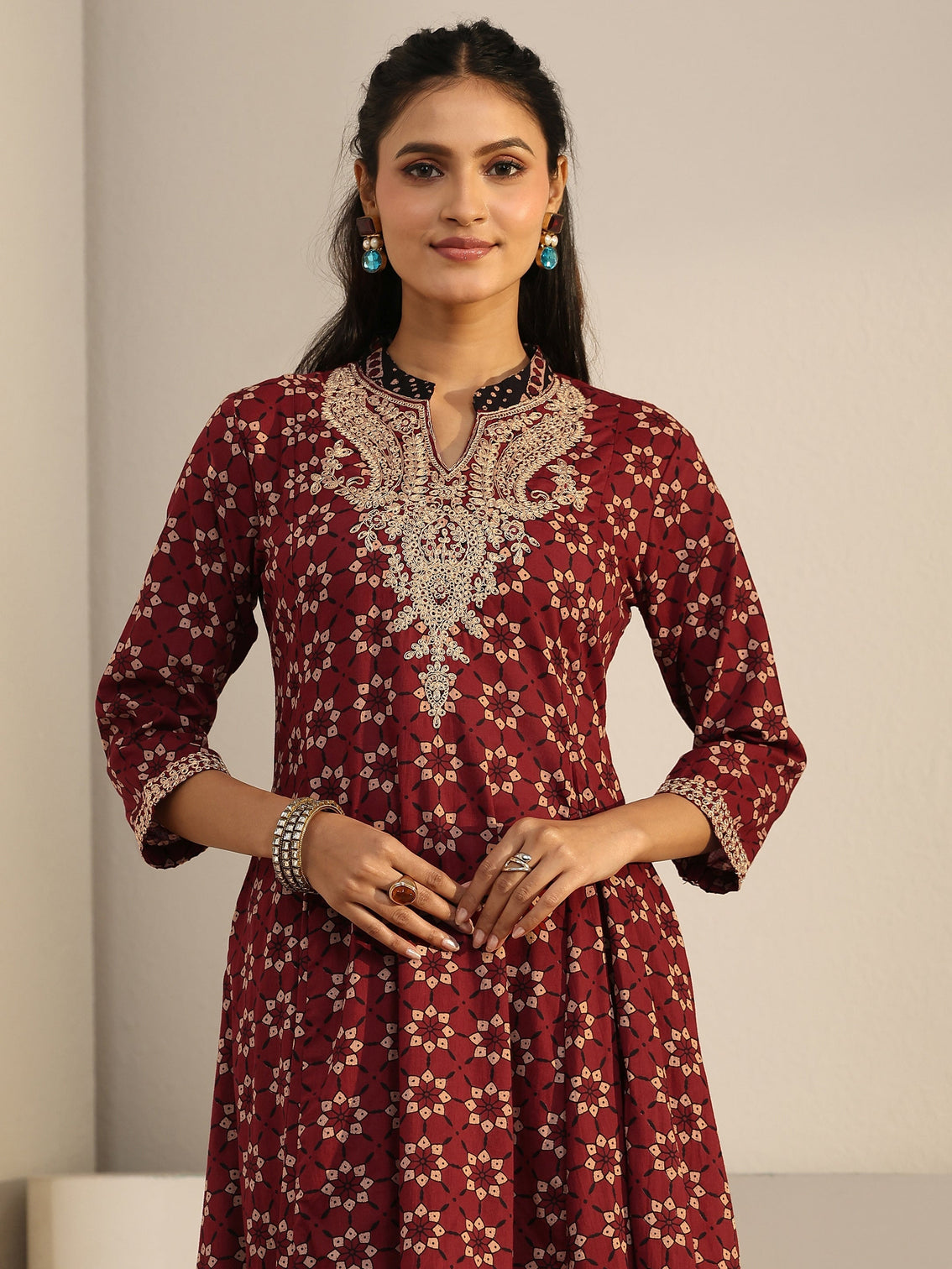 Mameraa Rust Brown Ajrakh Yoke Embroidered Cotton Anarkali Suit Set