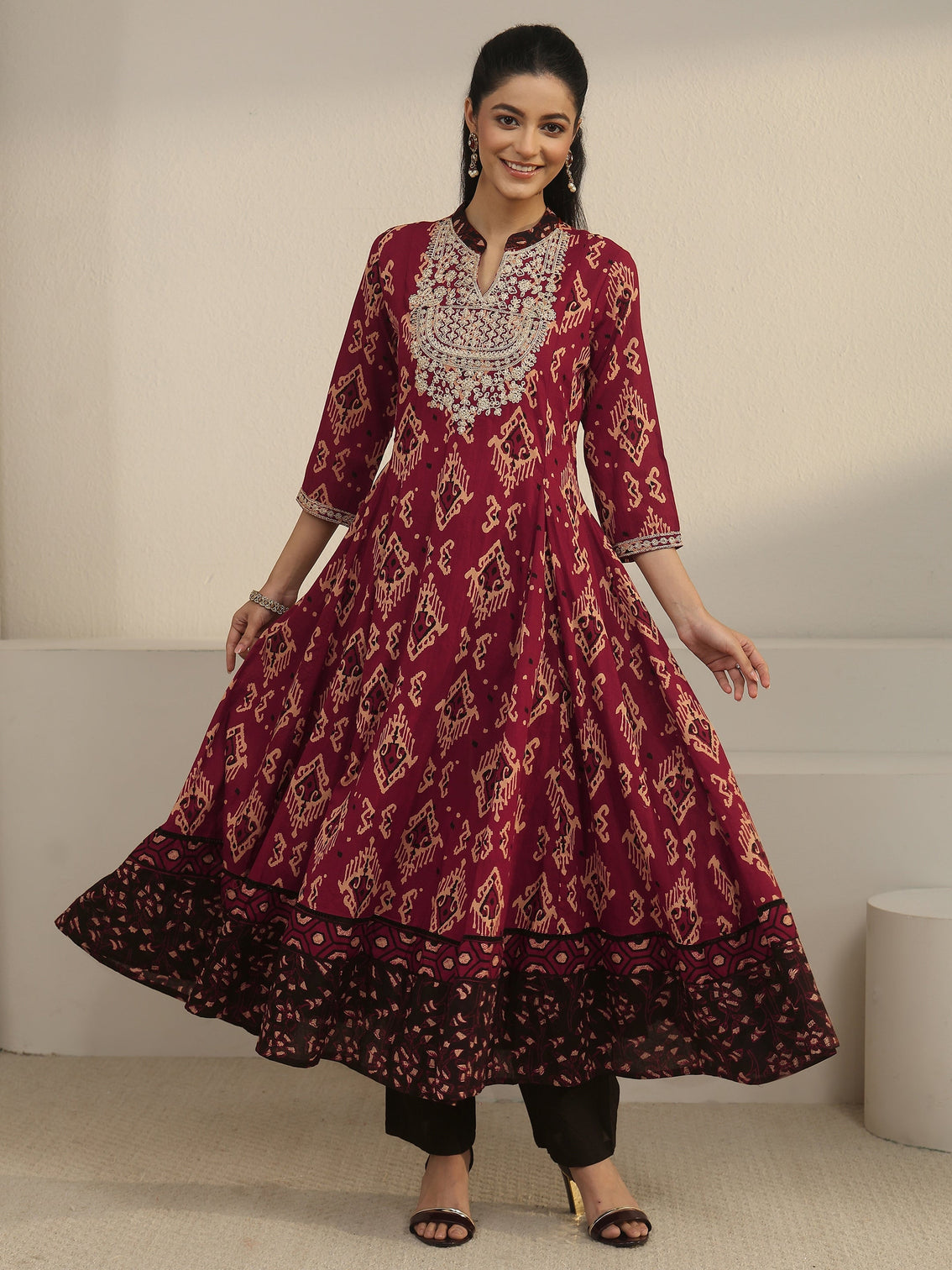 Mameraa Rust Brown Ajrakh Yoke Embroidered Cotton Anarkali Suit Set