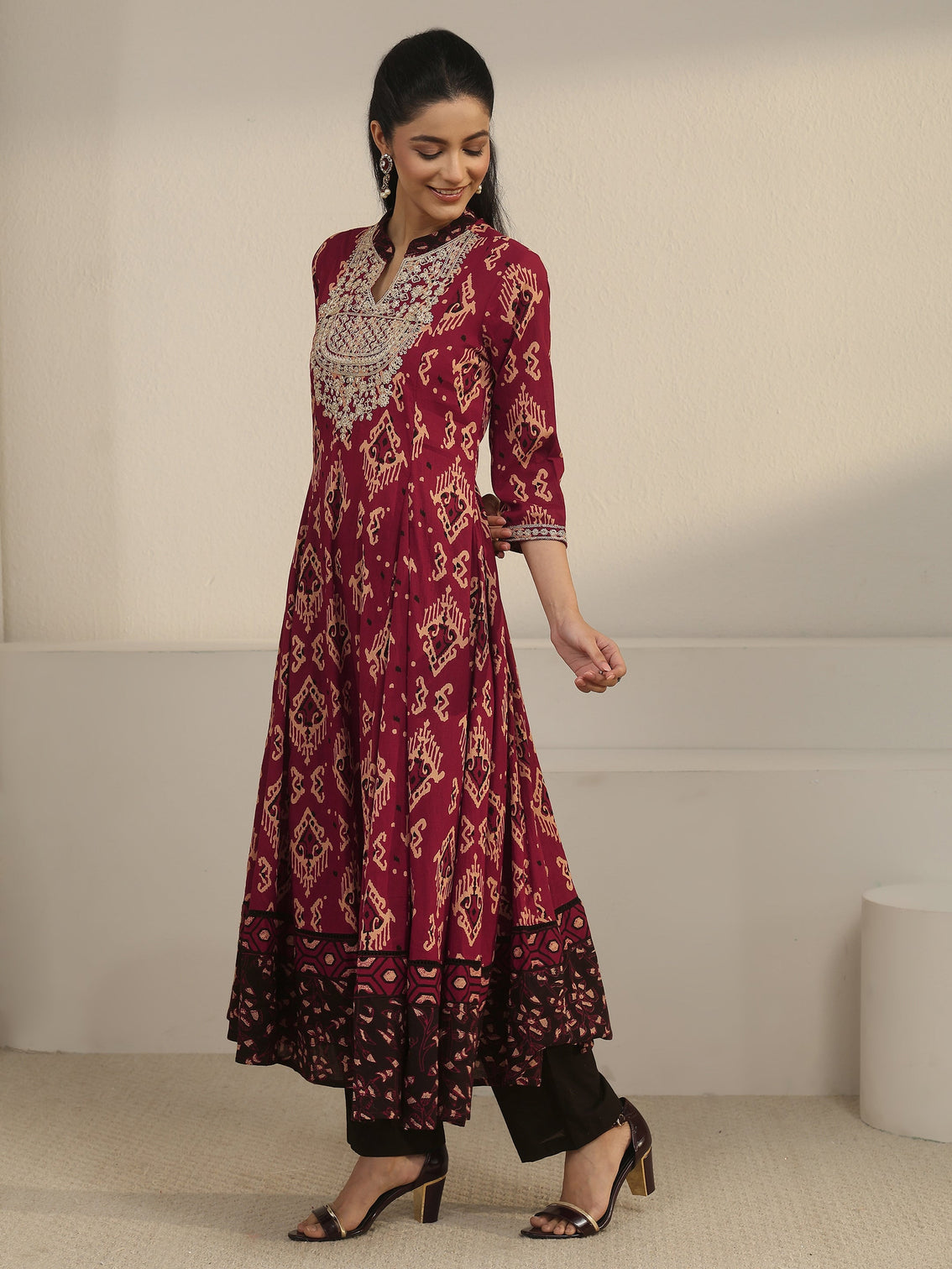 Mameraa Rust Brown Ajrakh Yoke Embroidered Cotton Anarkali Suit Set