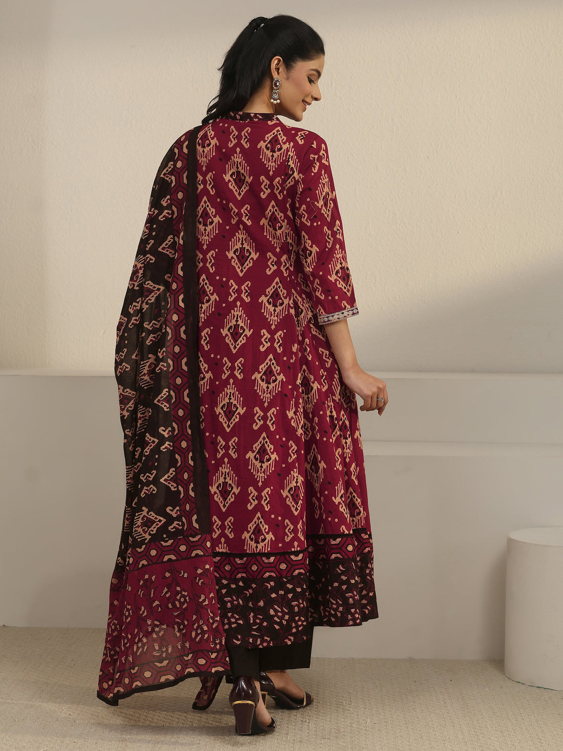 Mameraa Rust Brown Ajrakh Yoke Embroidered Cotton Anarkali Suit Set