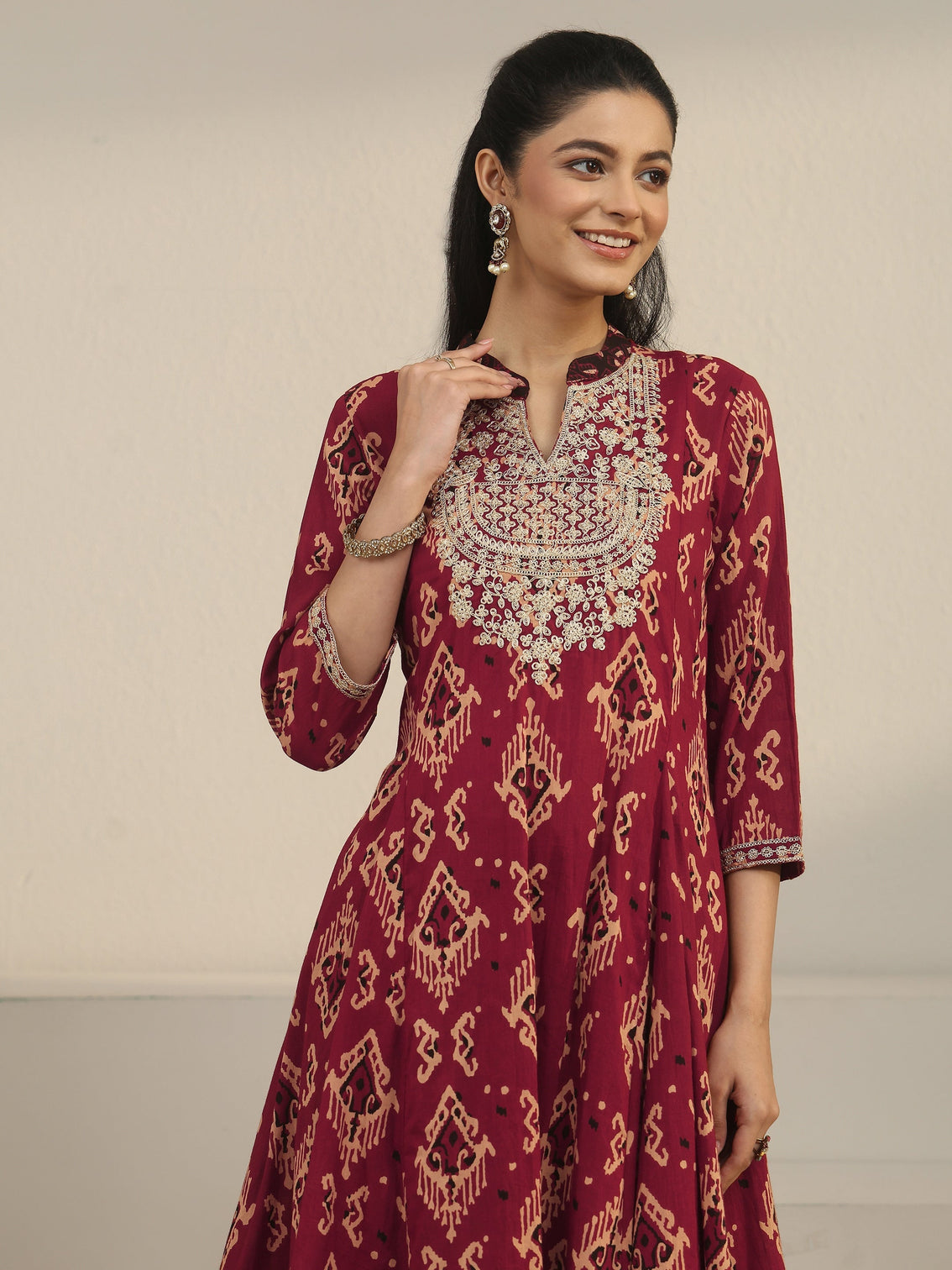 Mameraa Rust Brown Ajrakh Yoke Embroidered Cotton Anarkali Suit Set