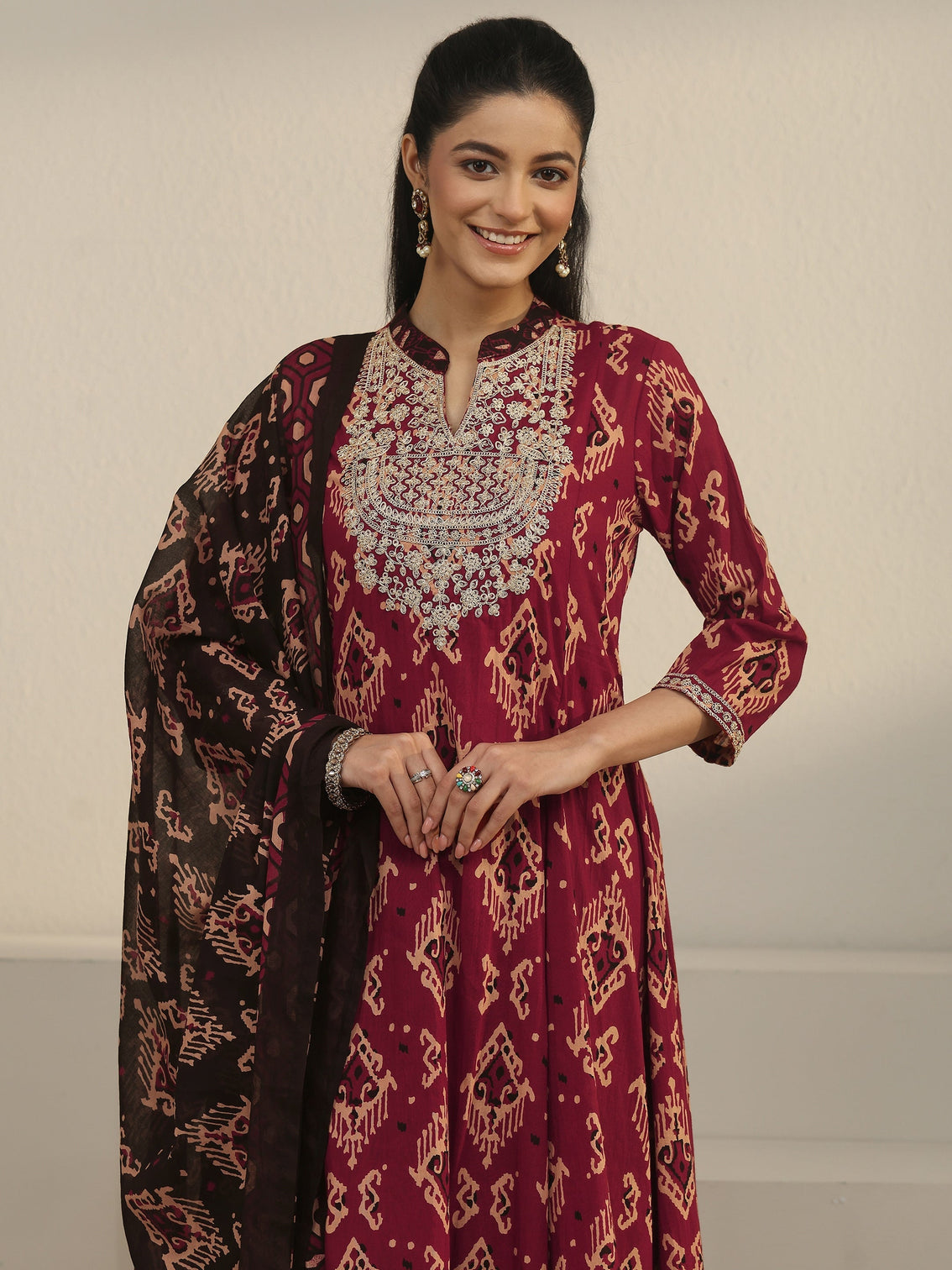 Mameraa Rust Brown Ajrakh Yoke Embroidered Cotton Anarkali Suit Set