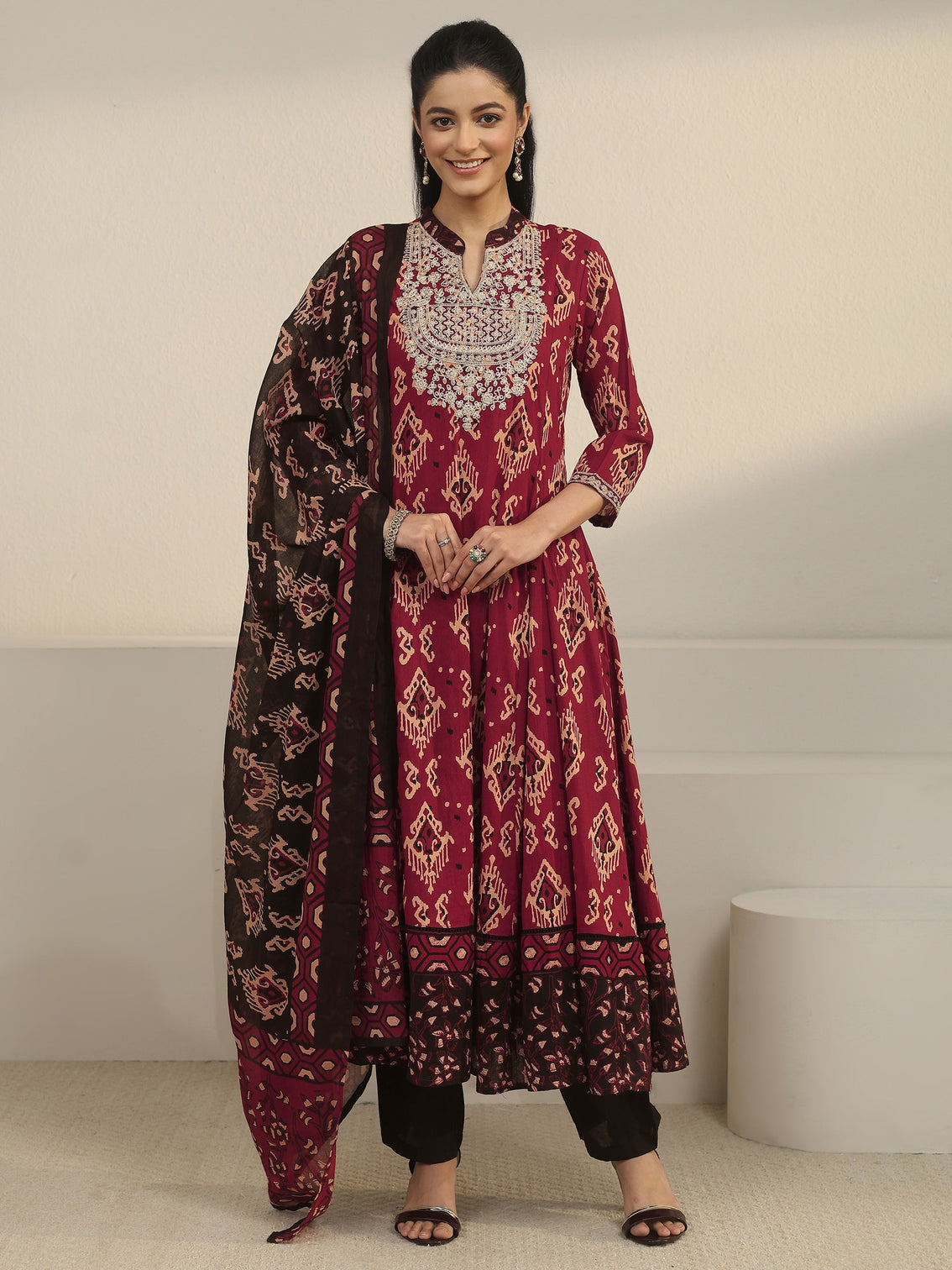 Mameraa Rust Brown Ajrakh Yoke Embroidered Cotton Anarkali Suit Set