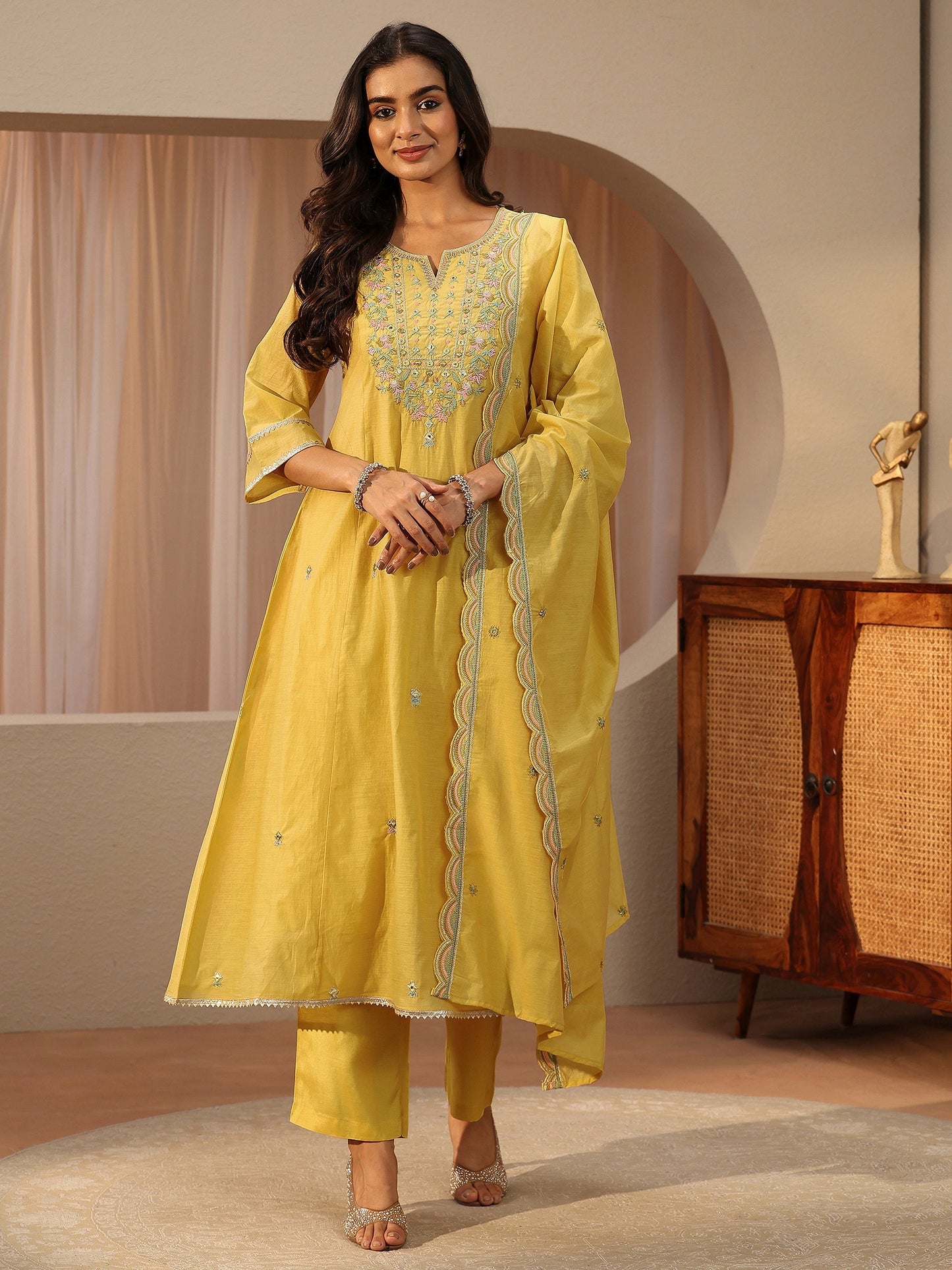 Libas Yellow Floral Embroidered Silk Blend A-Line Suit Set