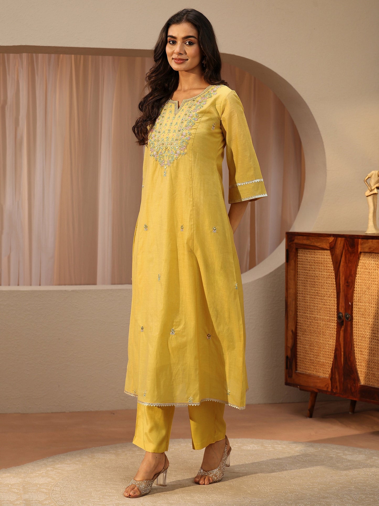 Libas Yellow Floral Embroidered Silk Blend A-Line Suit Set