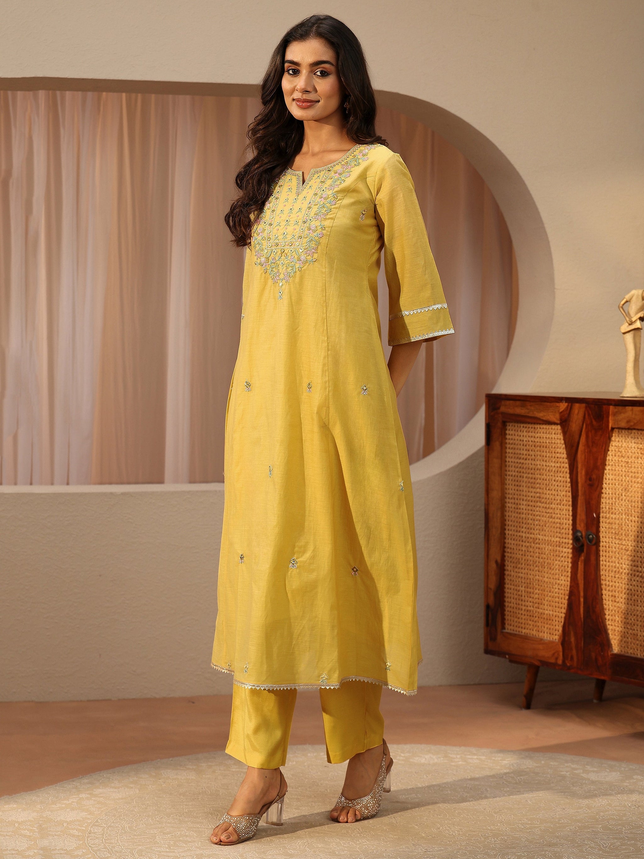 Libas Yellow Floral Embroidered Silk Blend A-Line Suit Set