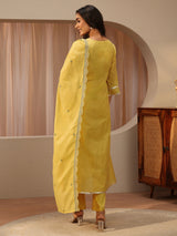 Libas Yellow Floral Embroidered Silk Blend A-Line Suit Set