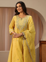 Libas Yellow Floral Embroidered Silk Blend A-Line Suit Set