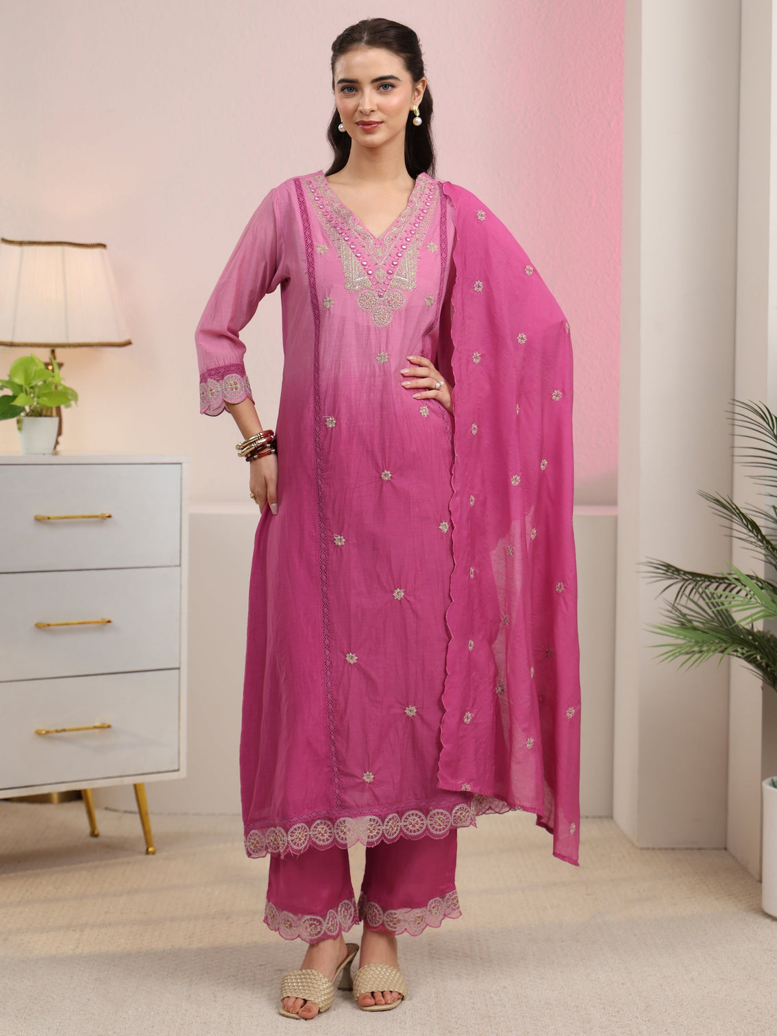 Mameraa Rani Pink Embroidered Silk Blend A-Line Suit Set