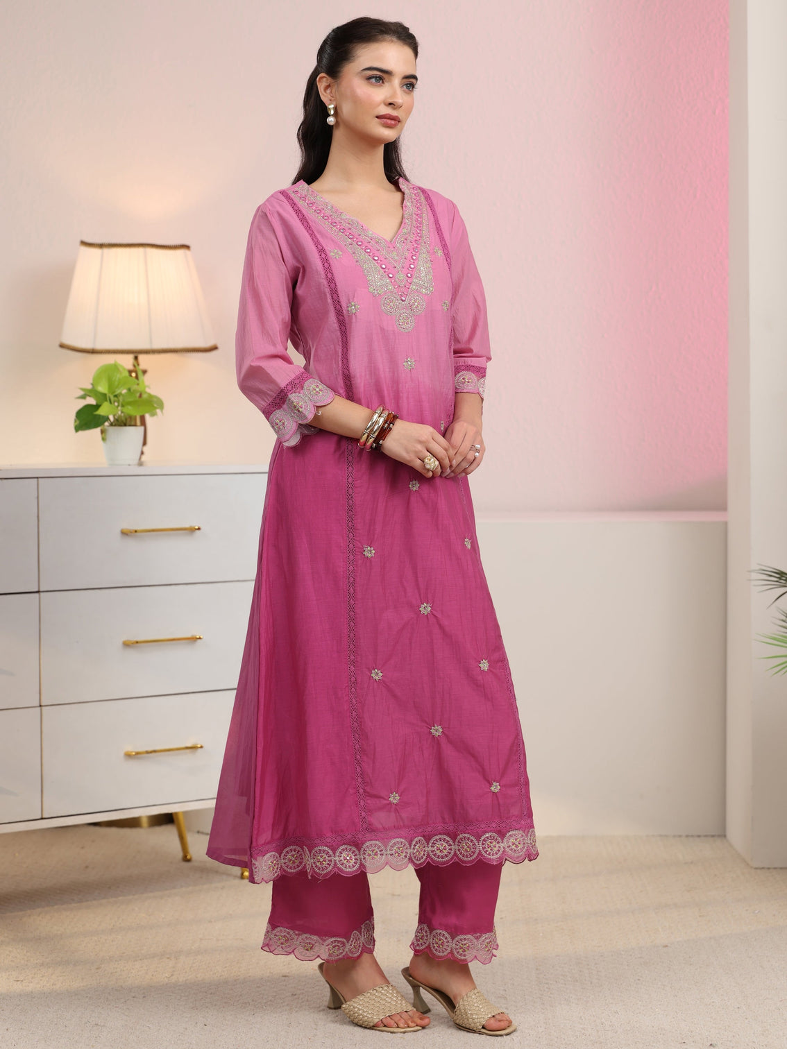 Mameraa Rani Pink Embroidered Silk Blend A-Line Suit Set