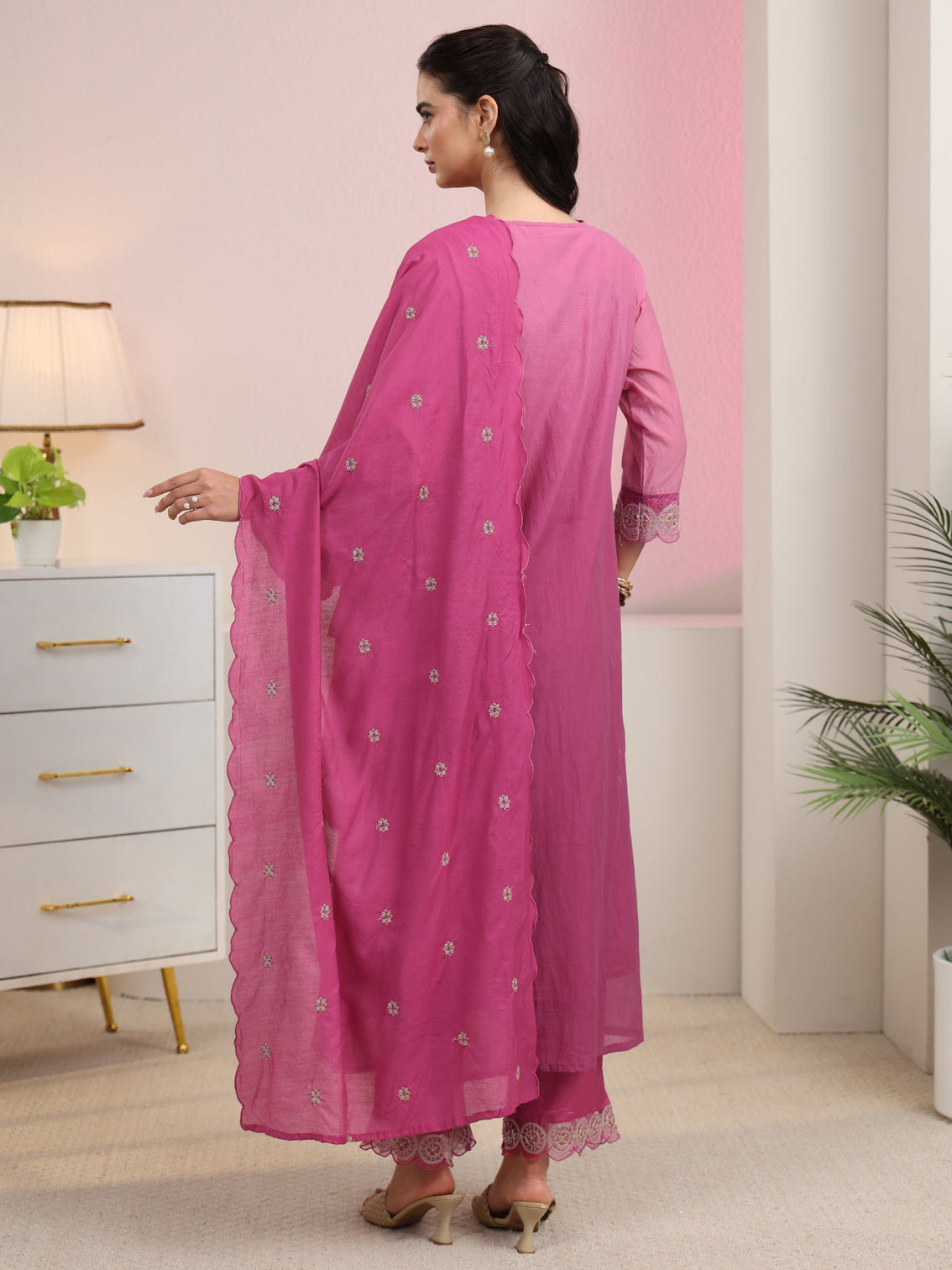 Mameraa Rani Pink Embroidered Silk Blend A-Line Suit Set
