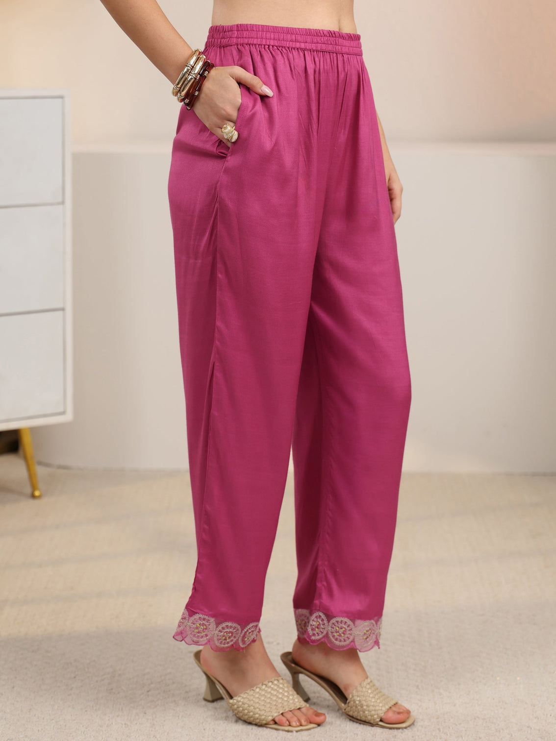Mameraa Rani Pink Embroidered Silk Blend A-Line Suit Set