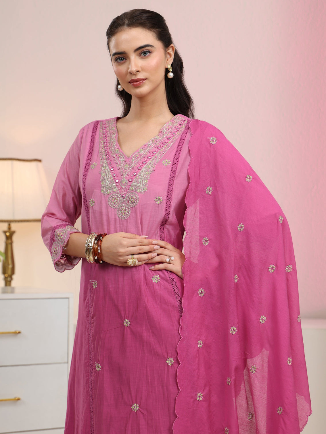 Mameraa Rani Pink Embroidered Silk Blend A-Line Suit Set