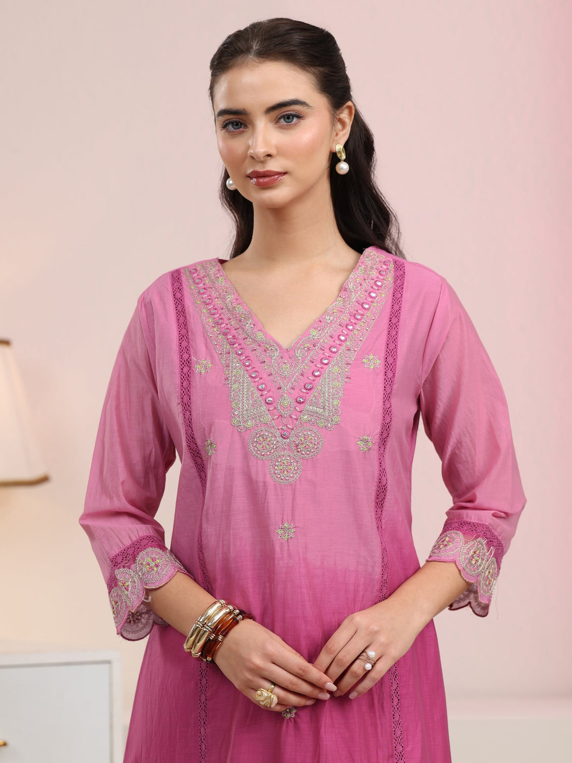Mameraa Rani Pink Embroidered Silk Blend A-Line Suit Set