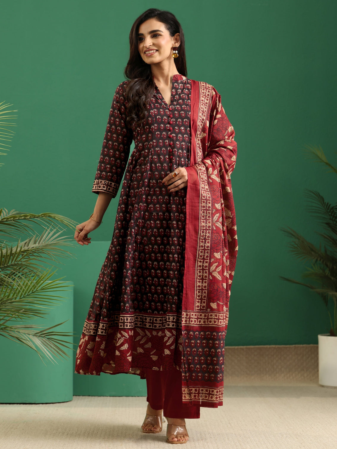 Mameraa Black Ajrakh Cotton Anarkali Suit Set