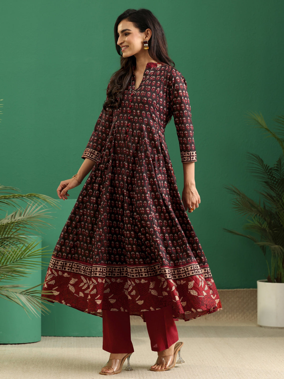Mameraa Black Ajrakh Cotton Anarkali Suit Set