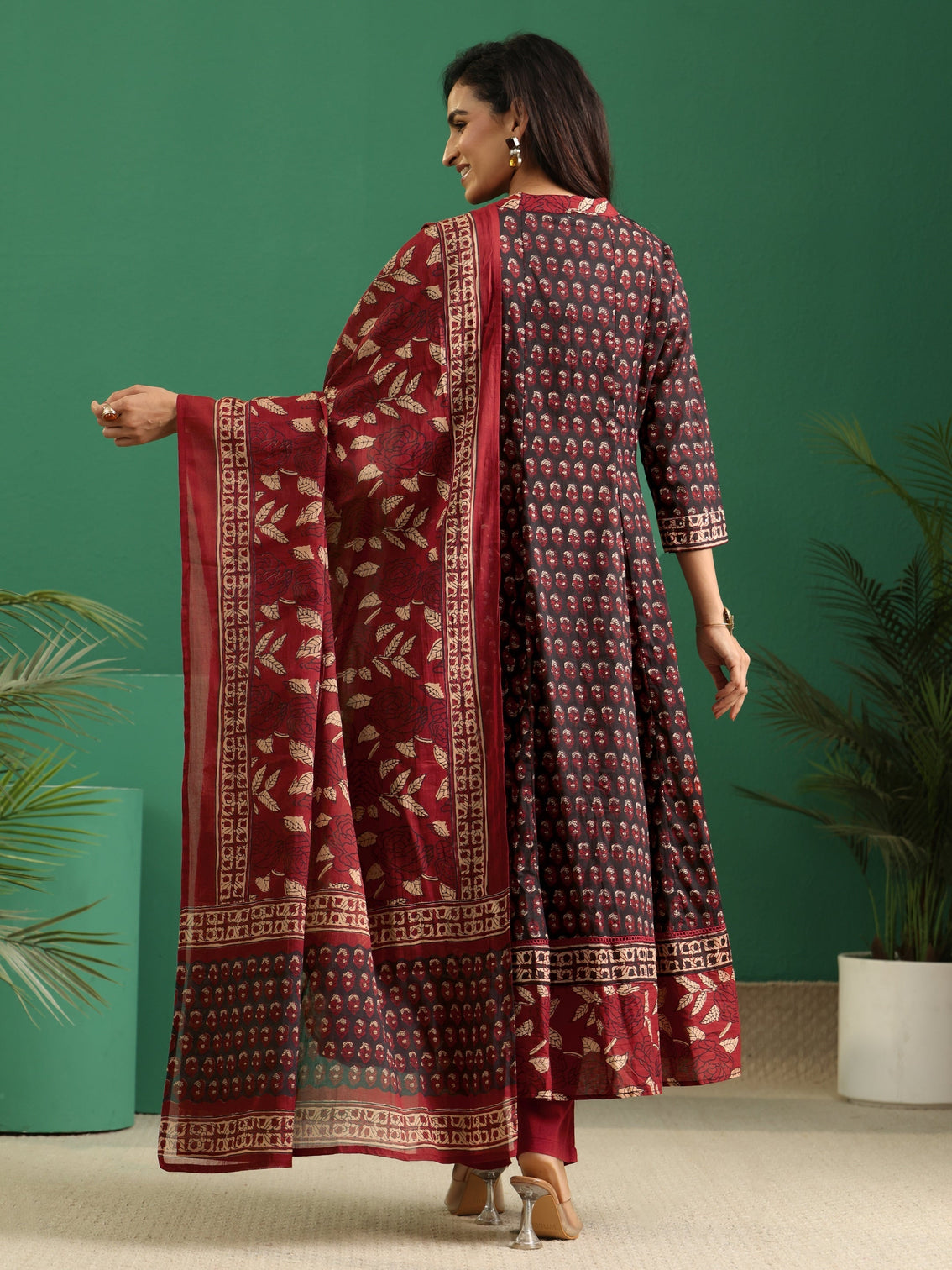 Mameraa Black Ajrakh Cotton Anarkali Suit Set