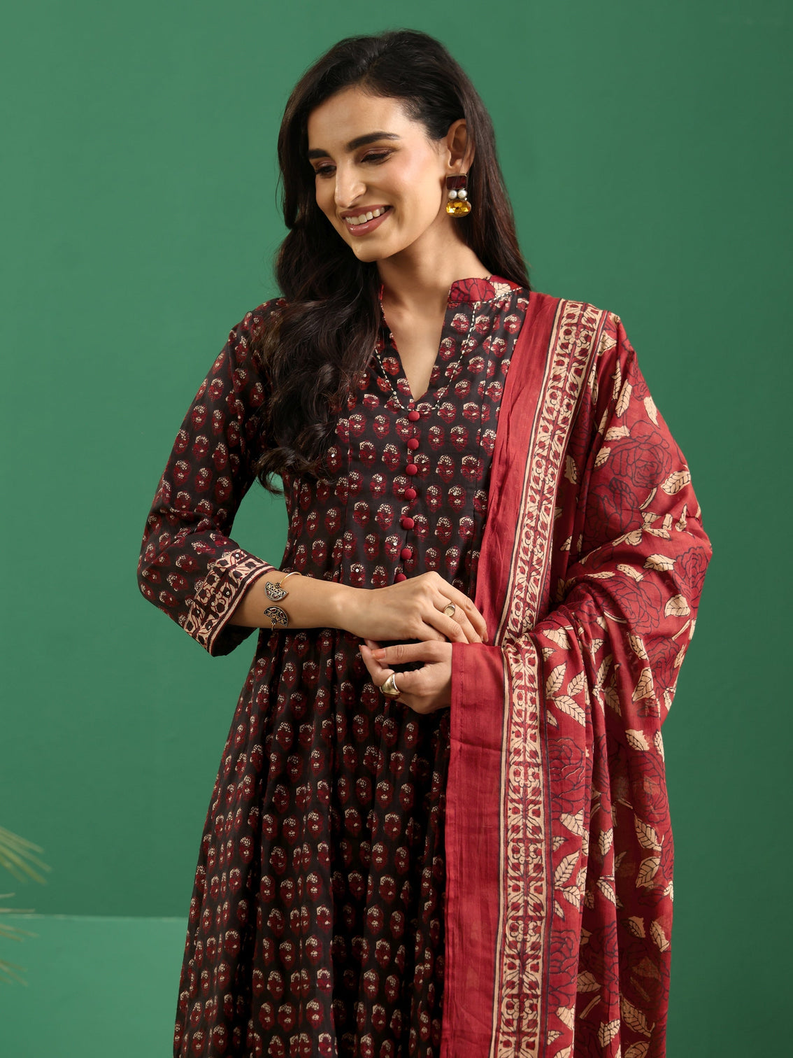 Mameraa Black Ajrakh Cotton Anarkali Suit Set