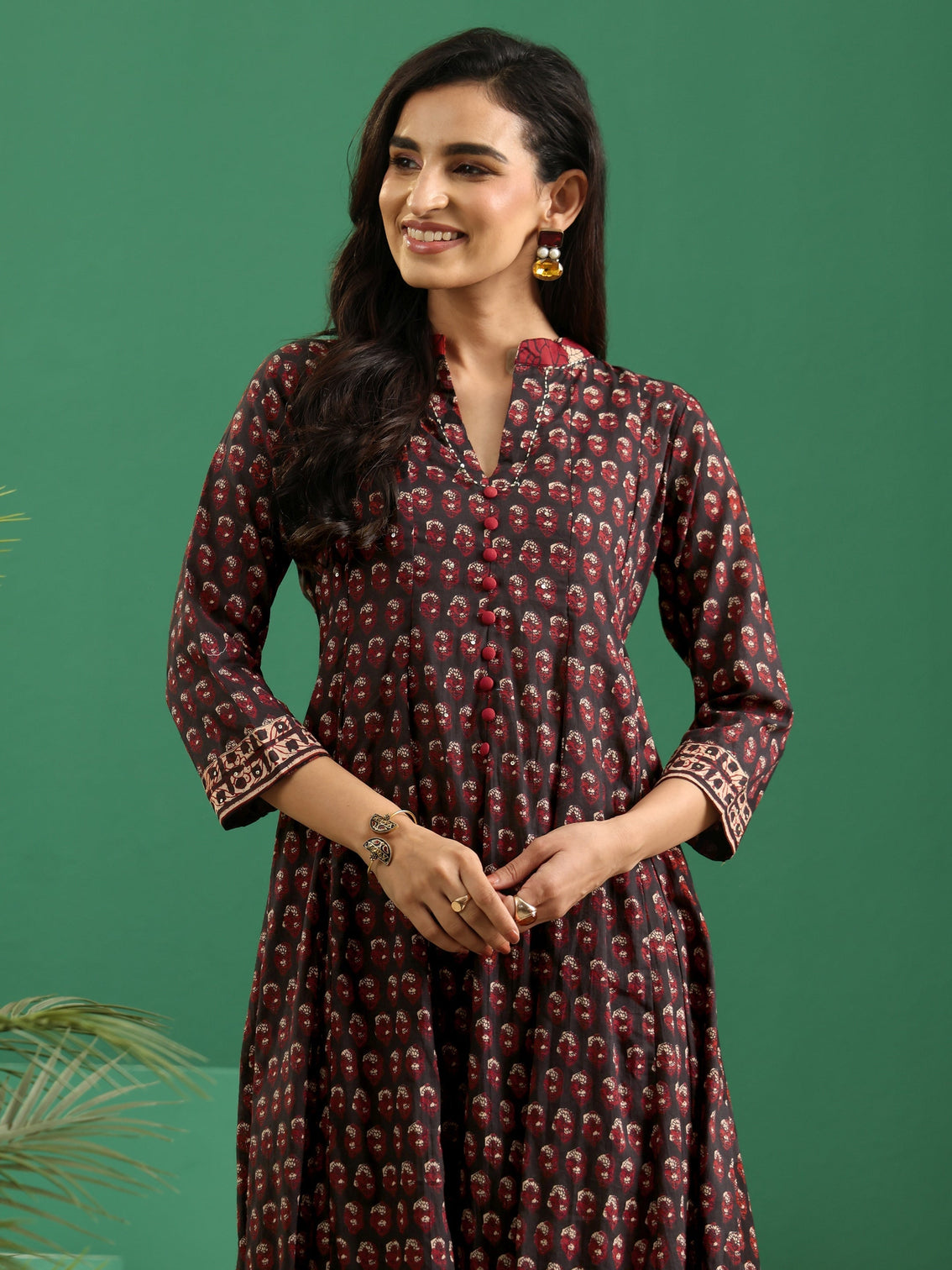 Mameraa Black Ajrakh Cotton Anarkali Suit Set