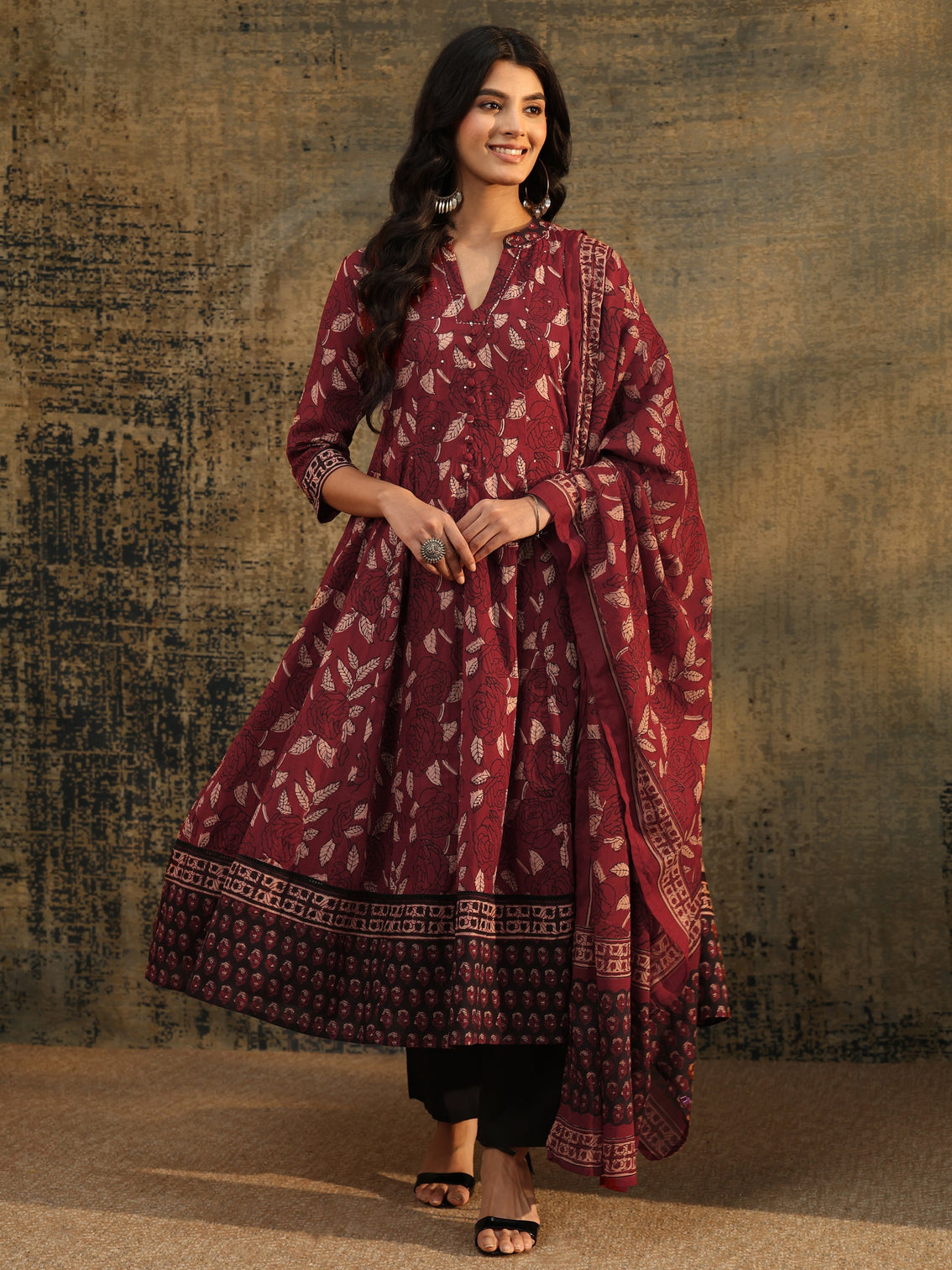 Mameraa Rust Ajrakh Printed Cotton Anarkali Suit Set