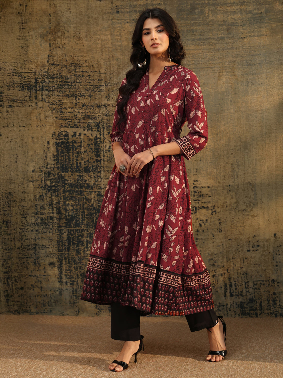 Mameraa Rust Ajrakh Printed Cotton Anarkali Suit Set