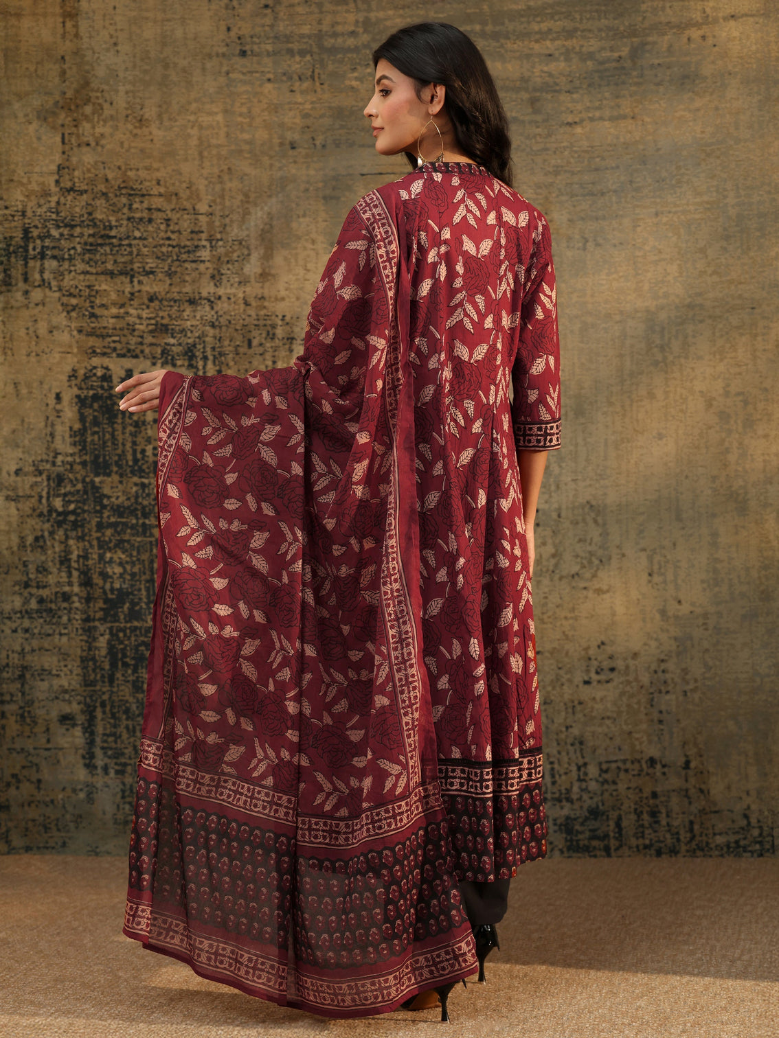 Mameraa Rust Ajrakh Printed Cotton Anarkali Suit Set