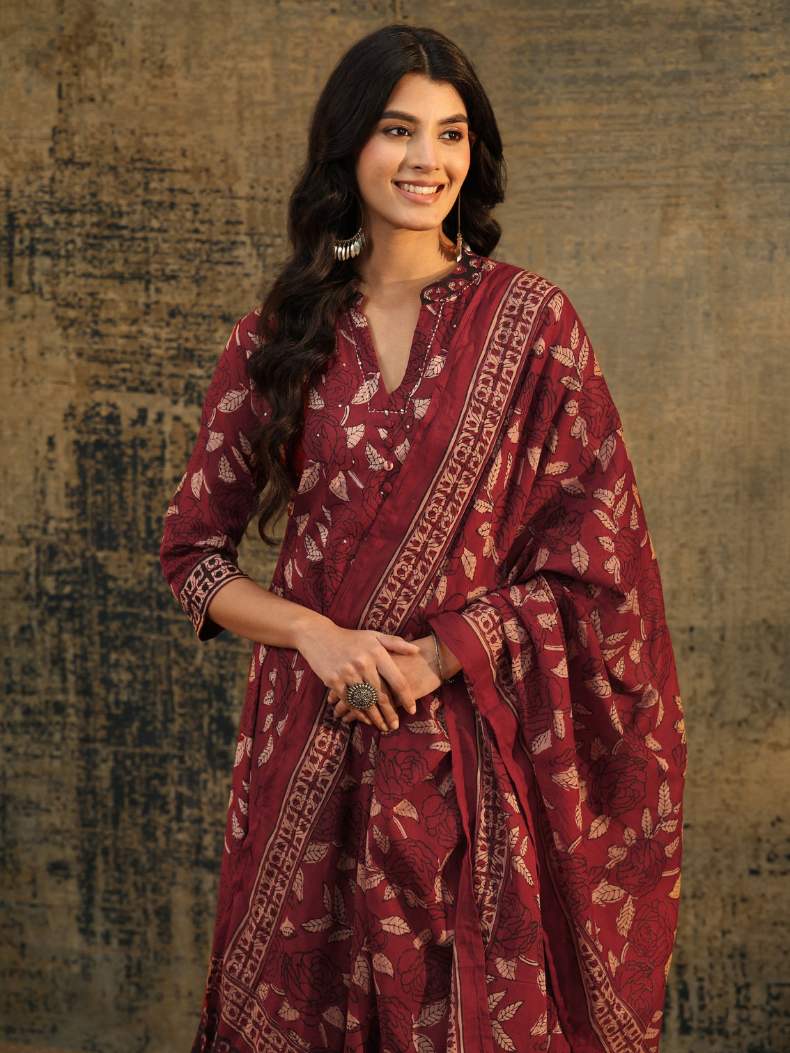 Mameraa Rust Ajrakh Printed Cotton Anarkali Suit Set