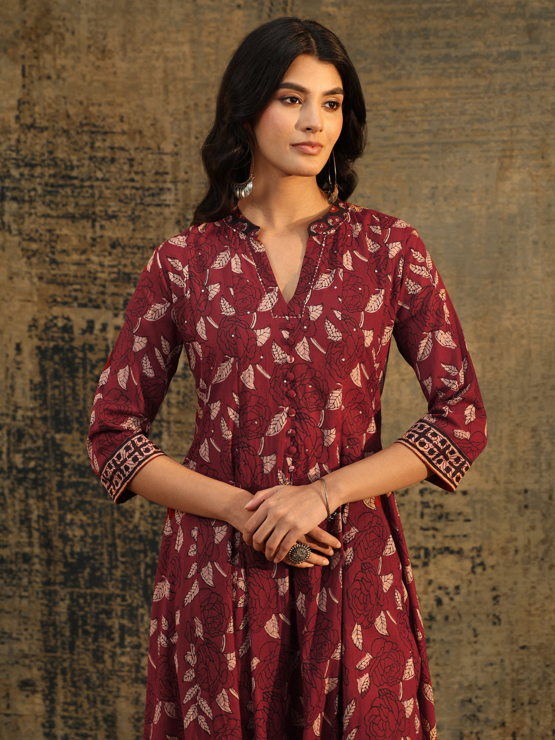 Mameraa Rust Ajrakh Printed Cotton Anarkali Suit Set