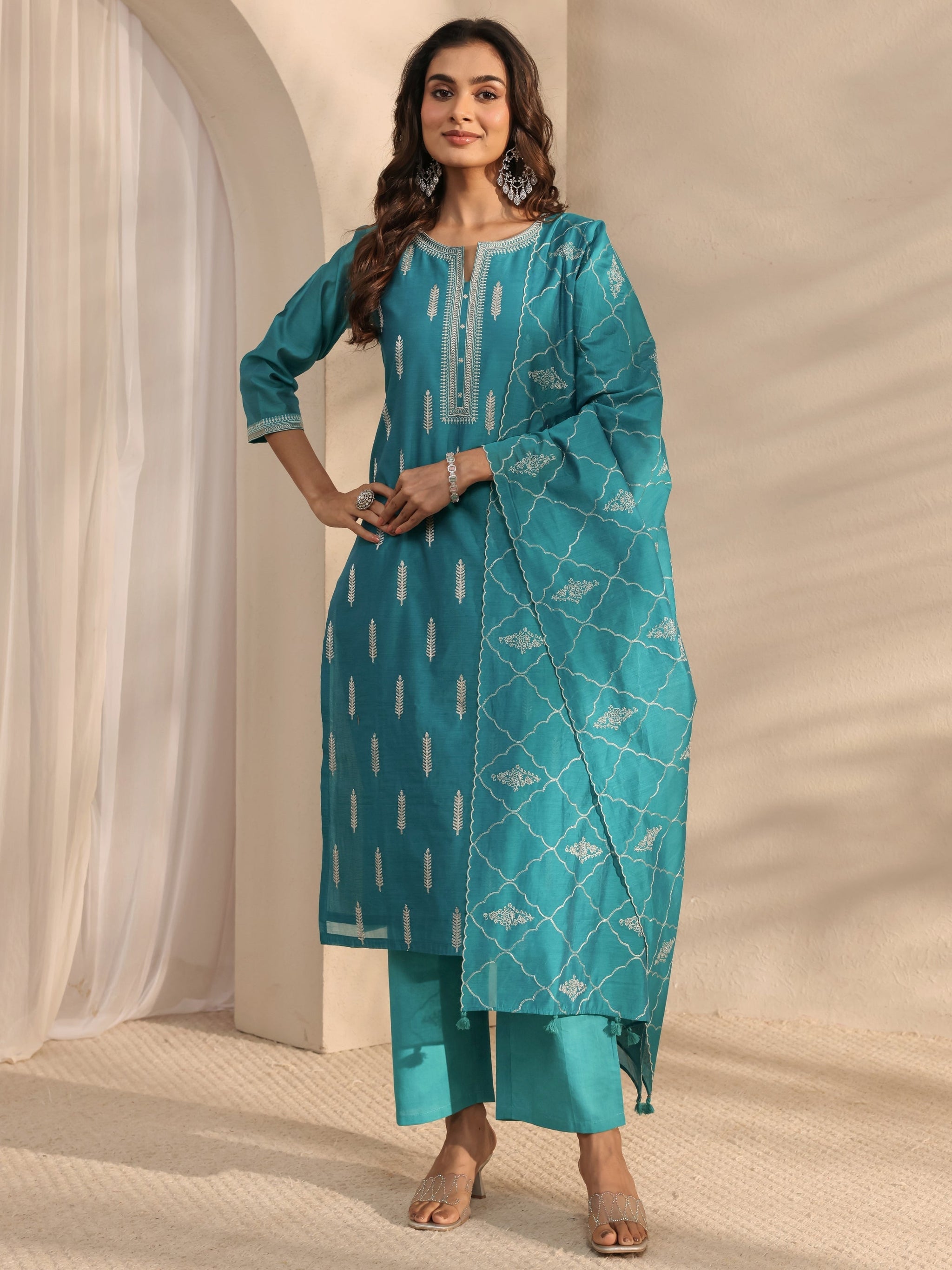 Libas Art Blue Embroidered Silk Blend Straight Suit Set With Dupatta