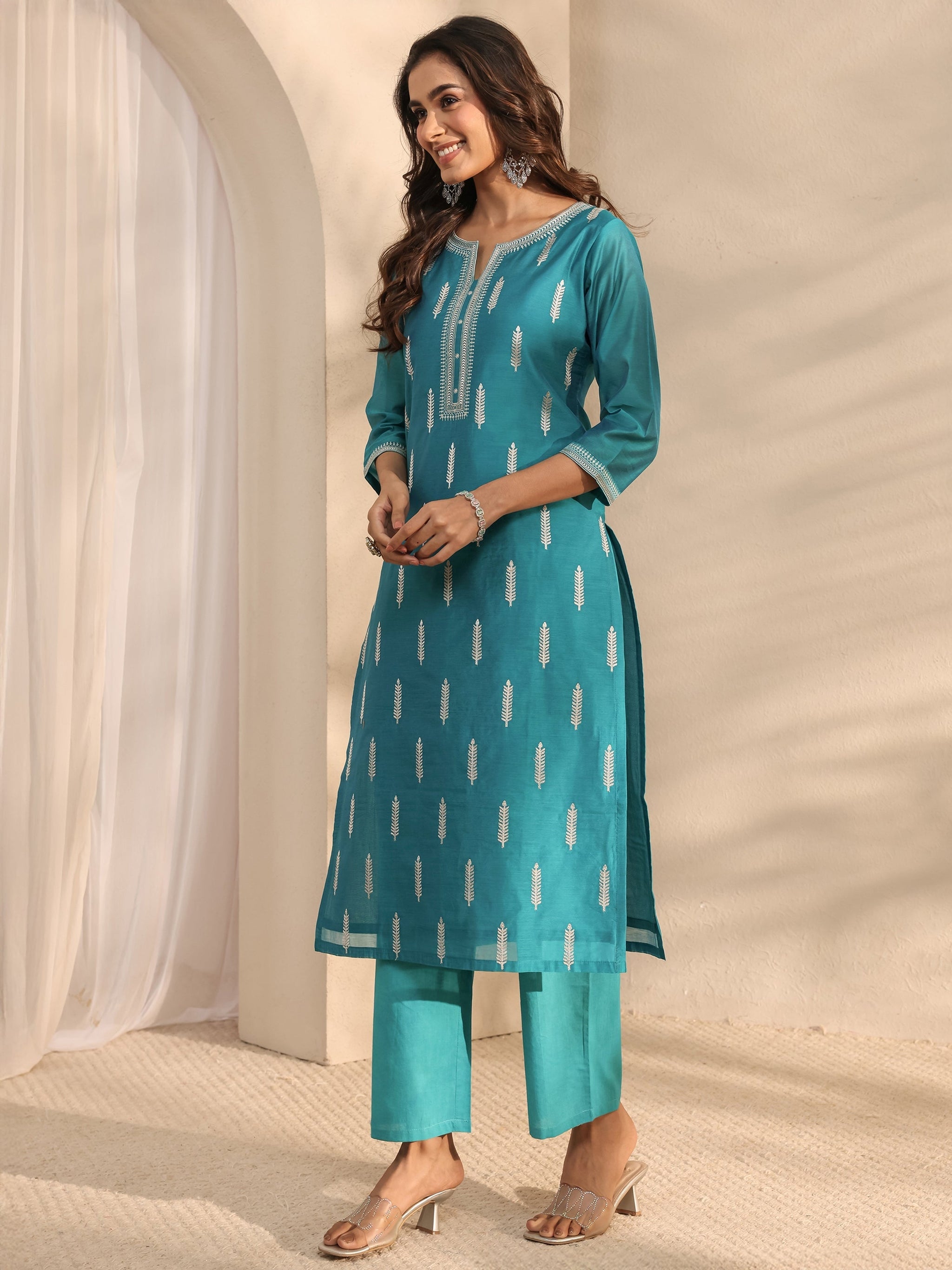 Libas Art Blue Embroidered Silk Blend Straight Suit Set With Dupatta