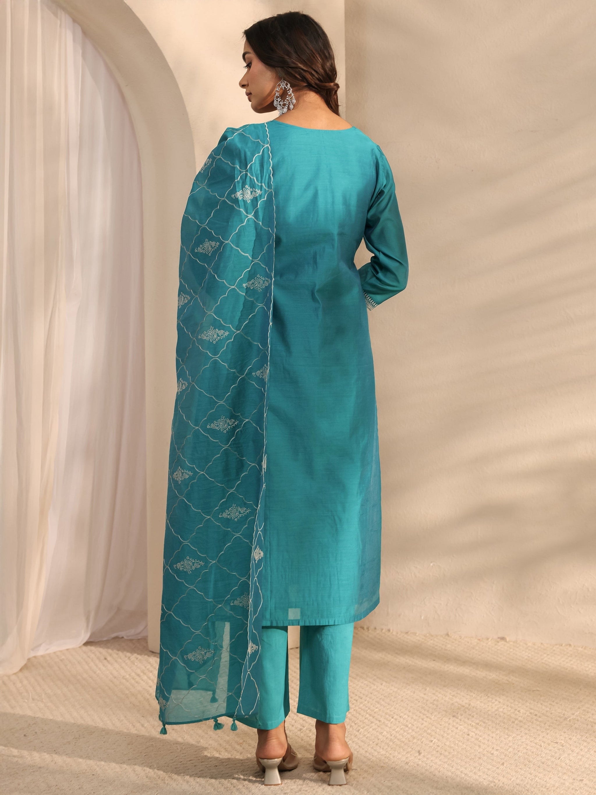 Libas Art Blue Embroidered Silk Blend Straight Suit Set With Dupatta