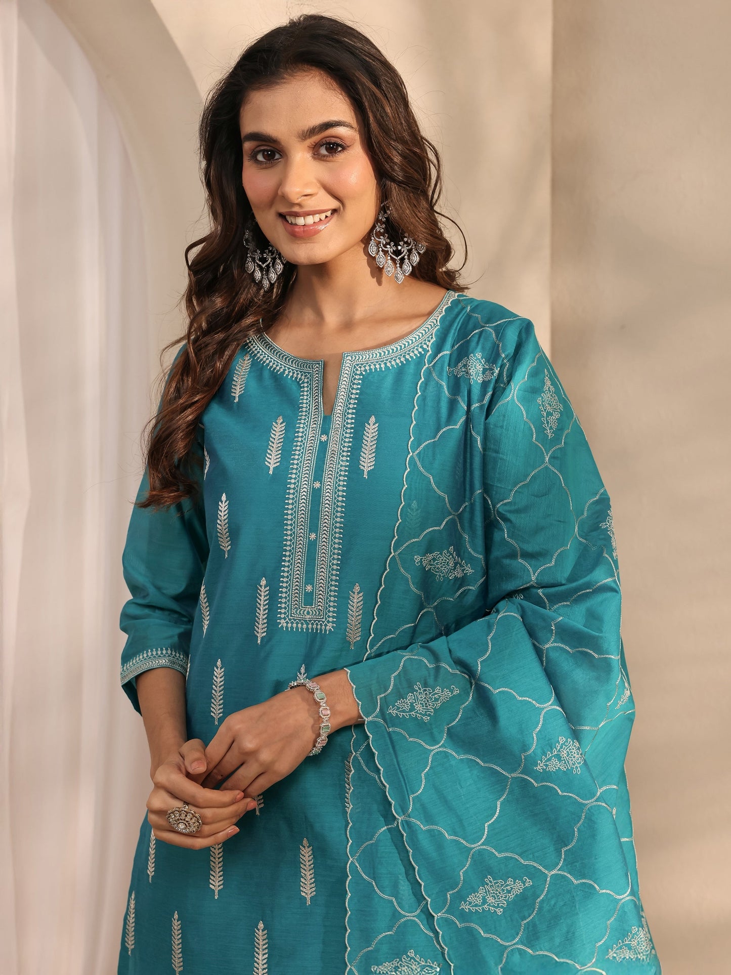 Libas Art Blue Embroidered Silk Blend Straight Suit Set With Dupatta