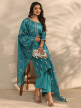 Libas Art Blue Embroidered Silk Blend Straight Suit Set With Dupatta