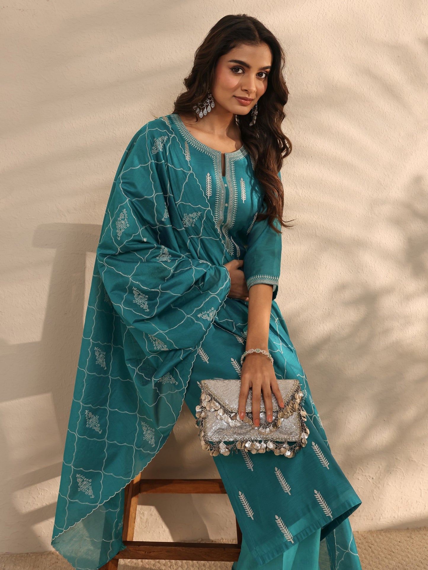 Libas Art Blue Embroidered Silk Blend Straight Suit Set With Dupatta