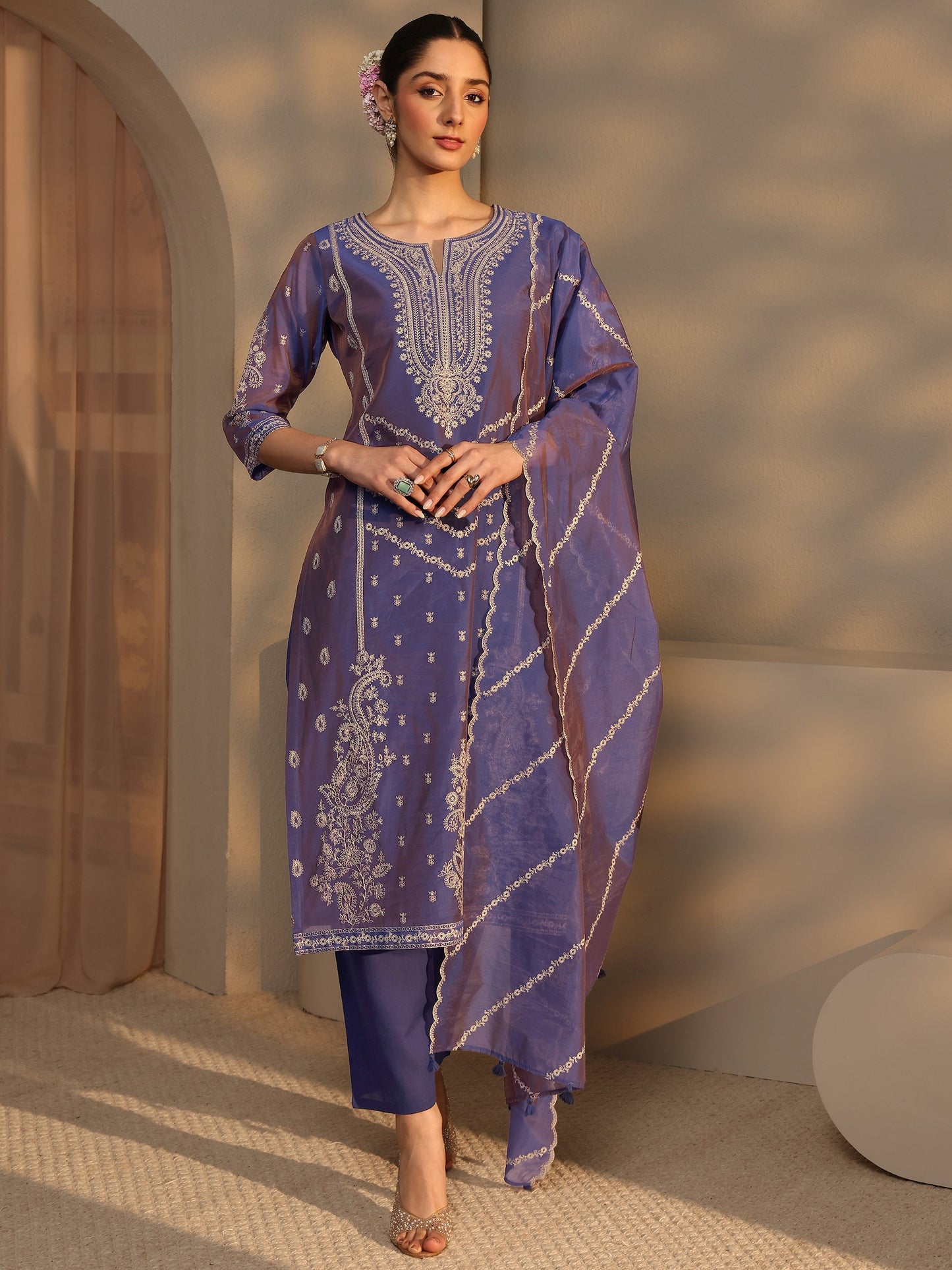 Libas Art Purple Embroidered Silk Blend Straight Suit Set With Dupatta